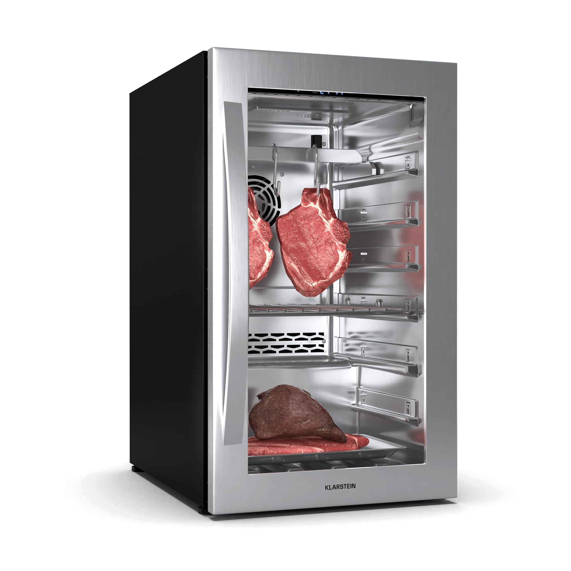 KLARSTEIN Cave de Maturation de Viande, 88L Frigo Vieillissement Viande avec Contrôle Température & Humidité, Éclairage UVC Antibactérien, Panneau Tactile, Porte Double Vitrage, Acier Inoxydable