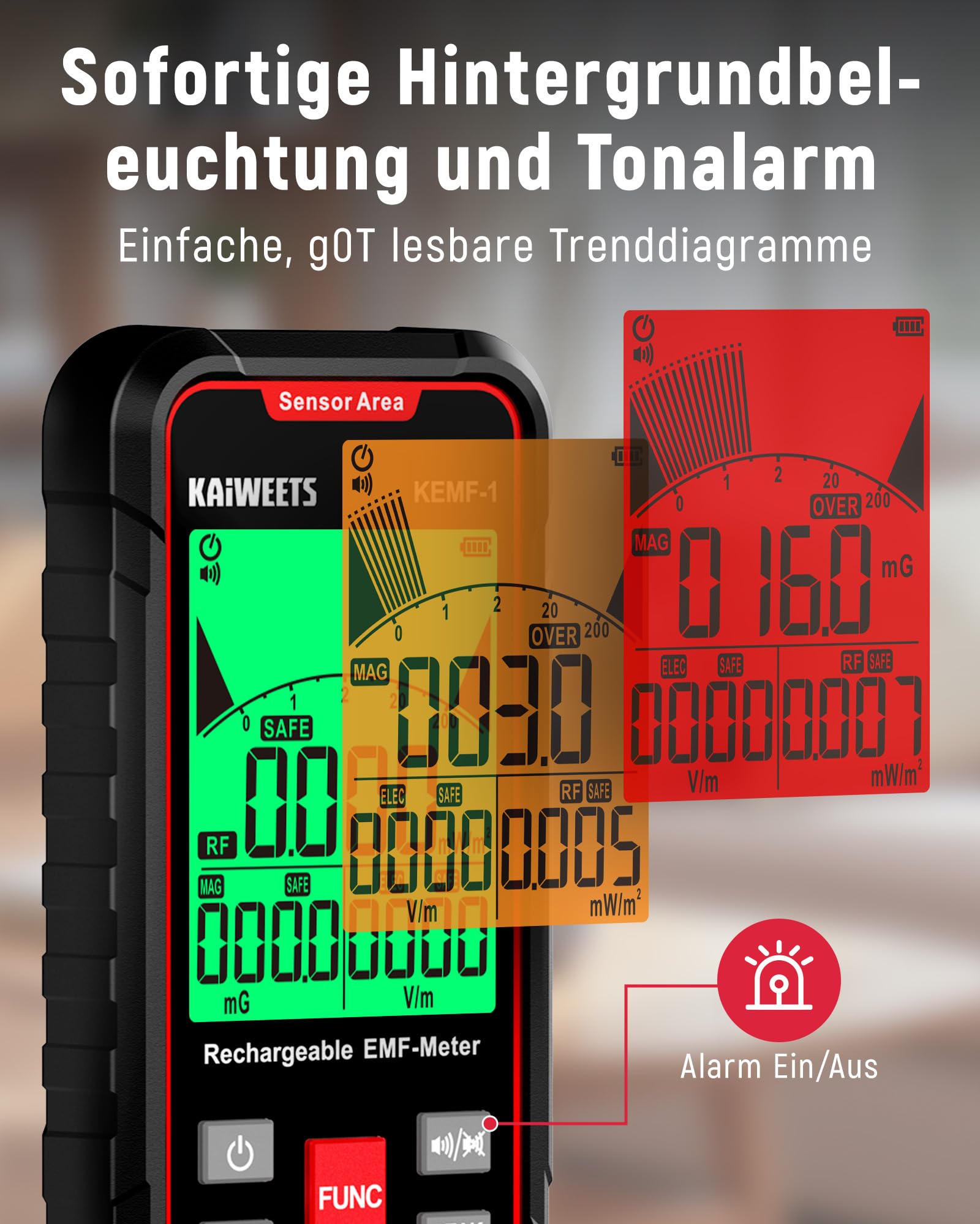 KAIWEETS EMF Messgerät, Gleichzeitige Anzeige von EF/MF/RF-Daten, LED-Display, Typ-C-Ladeanschluss, Tragbar für Zuhause, Büro und Außenbereich