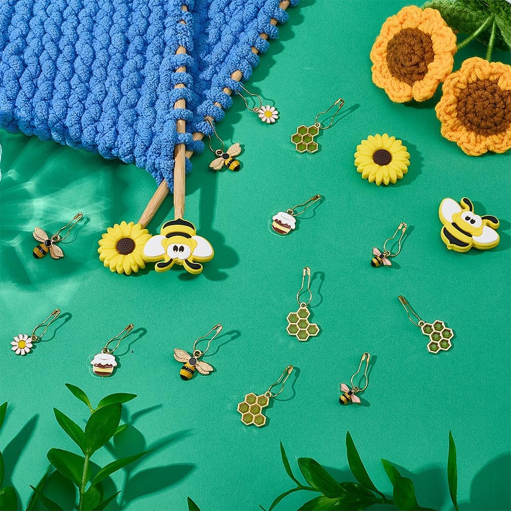 NBEADS 24 Pcs Bee Sunflower Stitch Markers Kits, Including 20 Pcs 5 Styles Alloy Stitch Markers with 4 Pcs Bees and Flower Knitting Needle Stoppers DIY Knitting Tool Sets for DIY and Handmade Crafts