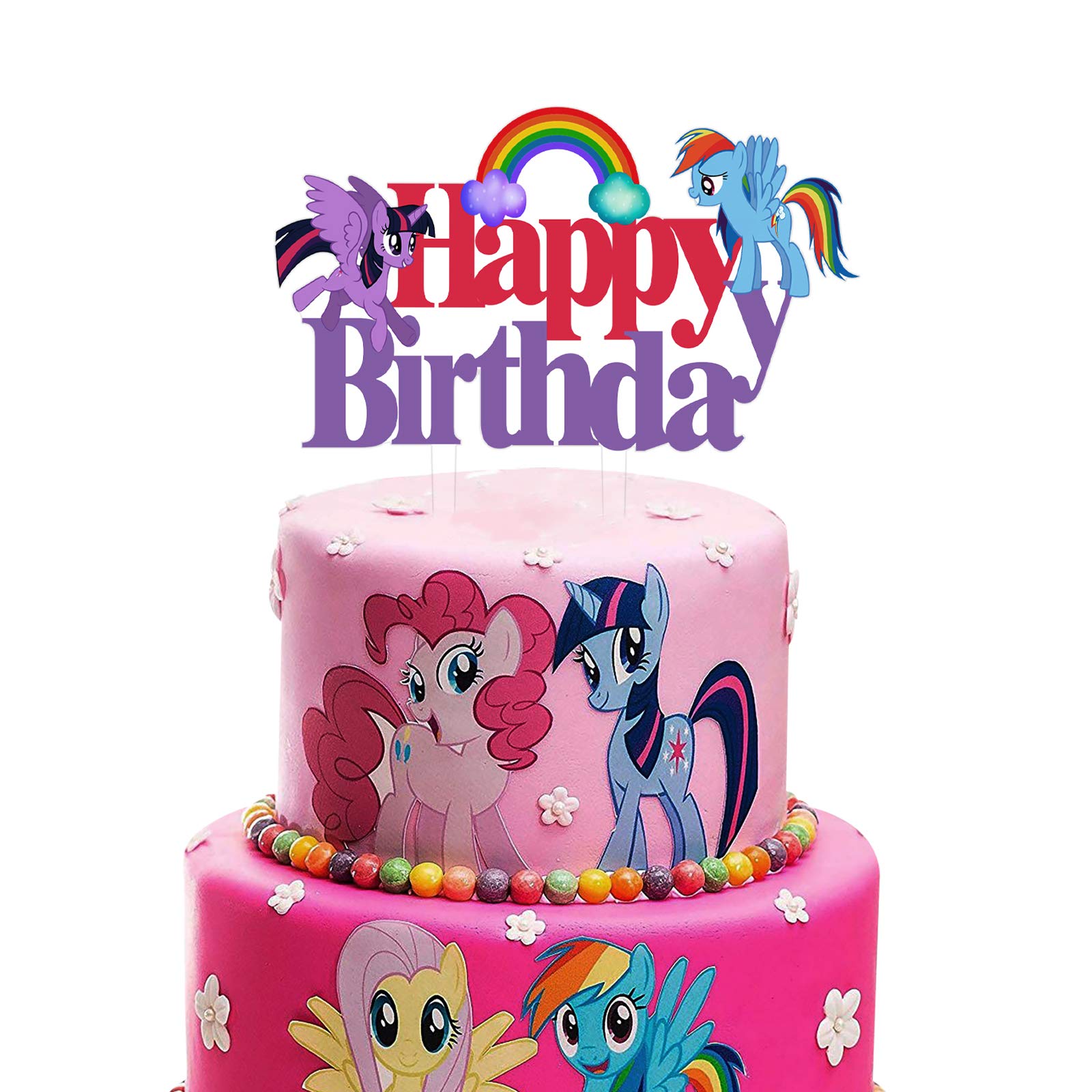 Rainbow Acrylic My Little Pony Happy Birthday Cake Topper, My Little Pony Friendship Collection Themed Birthday Party Decoration Supplies