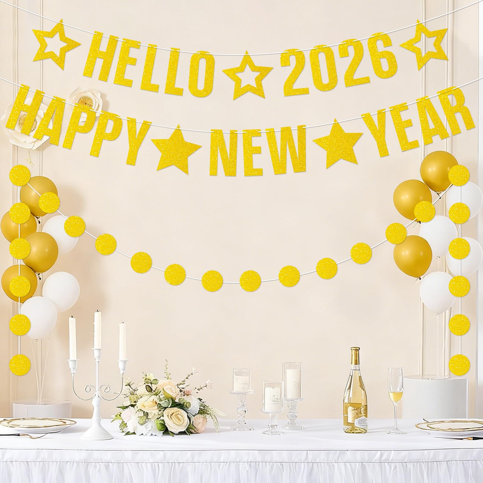 3 Pcs Hello 2026 Happy New Year Banner, Gold Glitter Happy New Year Decorations 2026 with Circle Garland - Image 3
