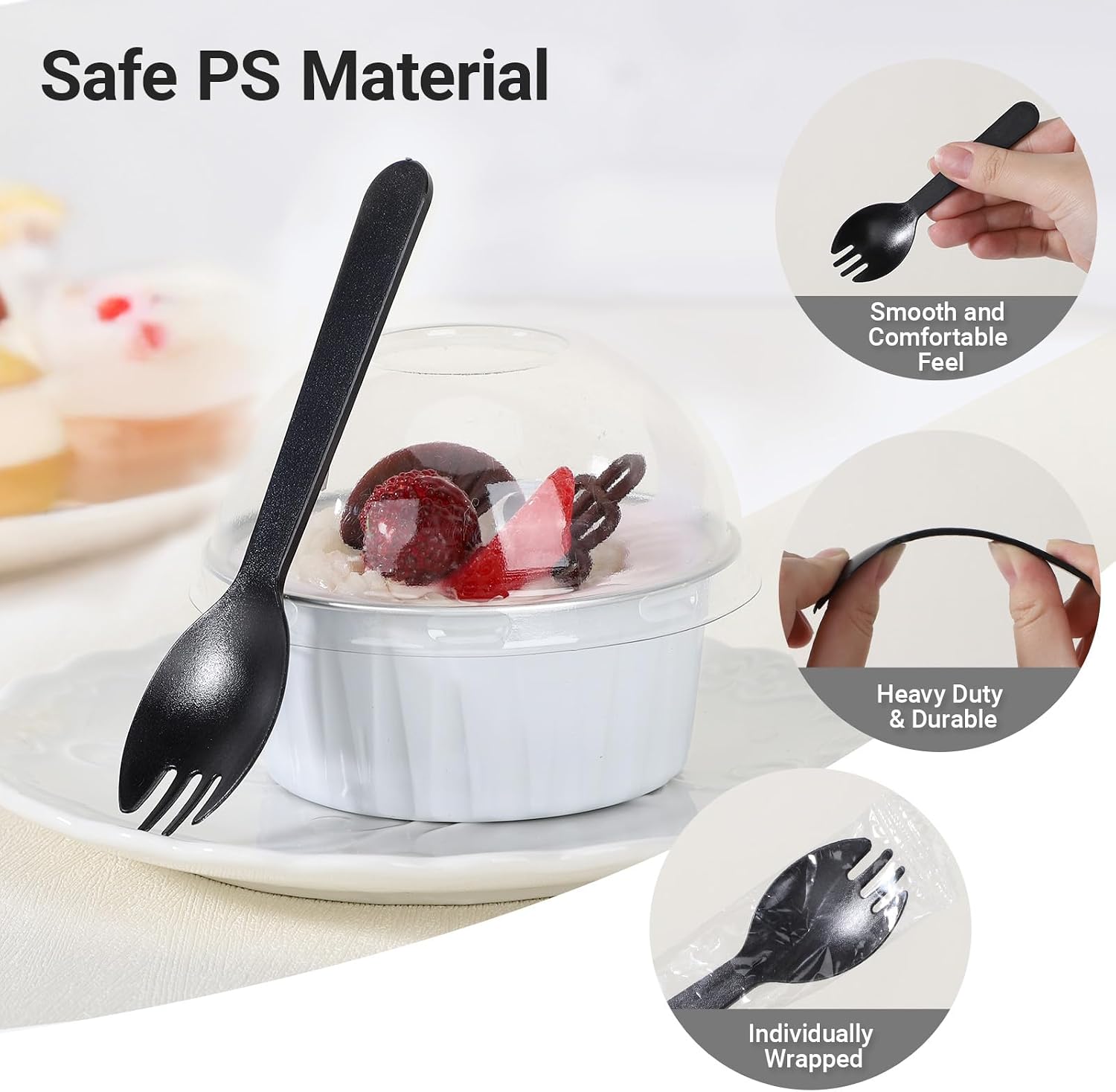 EUSOAR Disposable Ramekins with Sporks Individually Wrapped, 60pcs 5oz Mini Cake Pans with Lids and Plastic Sporks, Foil Creme Brulee Cupcake Ramekins Muffin Liners Baking Cups for Wedding Party Favor