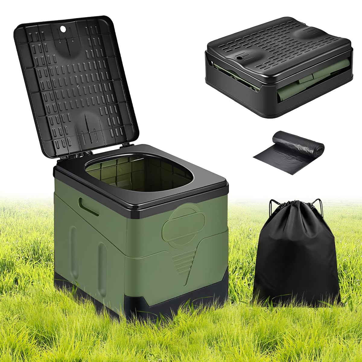 Toilette Portatile, WC Portatile per Campeggio, 20L Toilette Mobile con 12 Sacchetti Igienici Biologici, Toilette Stabile con una Capacità di Carico Max 150kg, Toilette Mobile Pieghevole per Auto