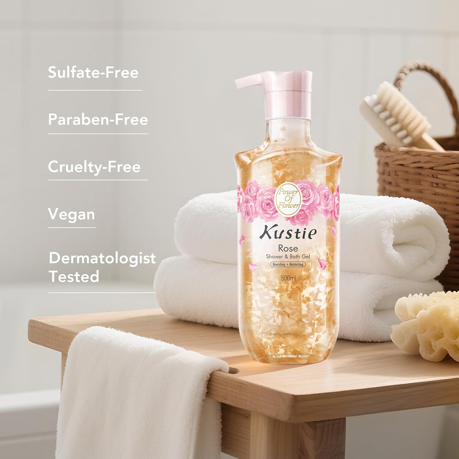 Kustie Rose Body Wash with Real Flower Petals – Moisturizing Shower Gel with Rose Water, Rose Oil & Hyaluronic Acid, Hydrating Floral Cleanser for Dry & Mature Skin, 16.9 fl oz