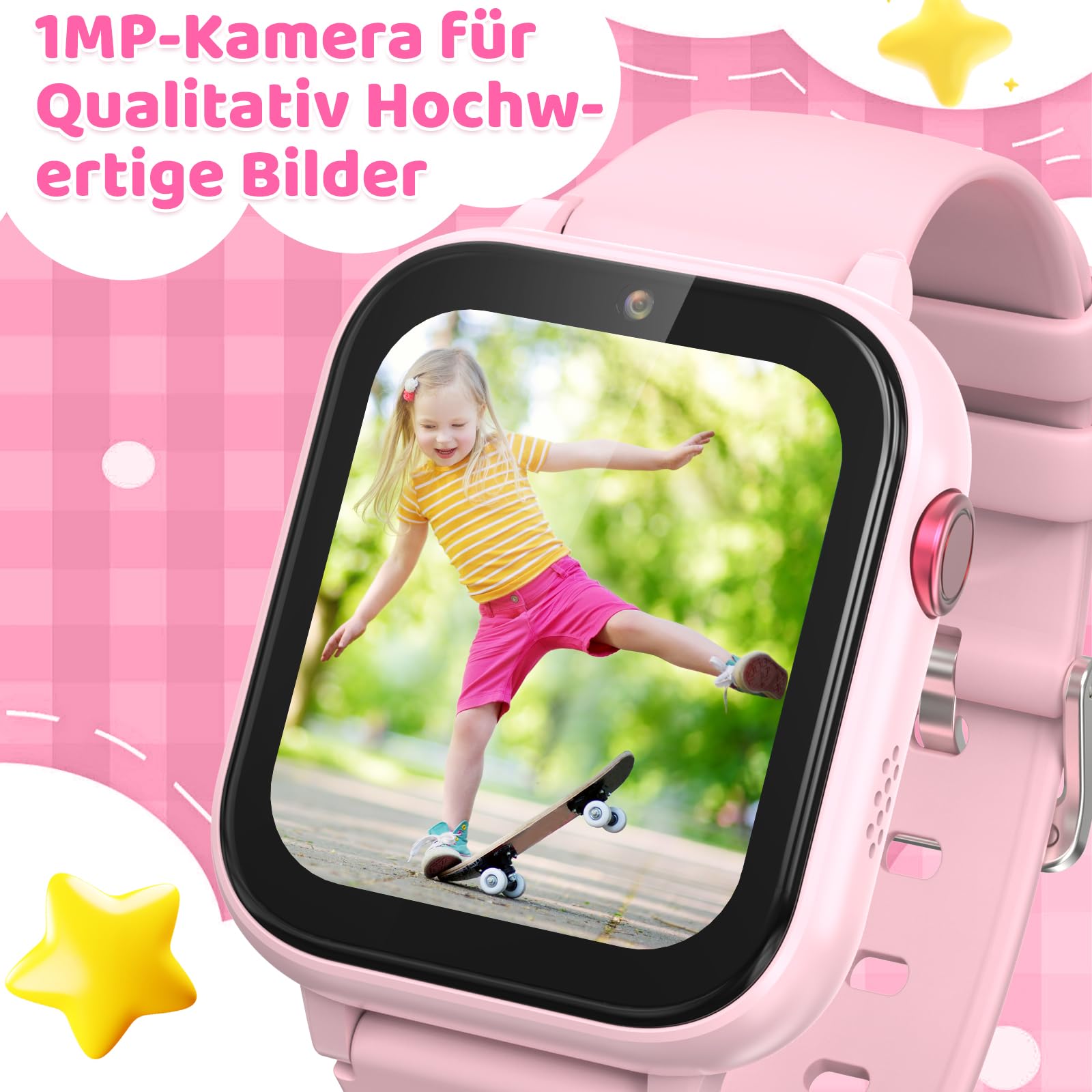 4G Reloj inteligente para niños con función de llamada de voz, reloj de teléfono, reloj para niños con cámara de fotos juegos despertador pantalla táctil función llamada impermeable IPX7, rosa