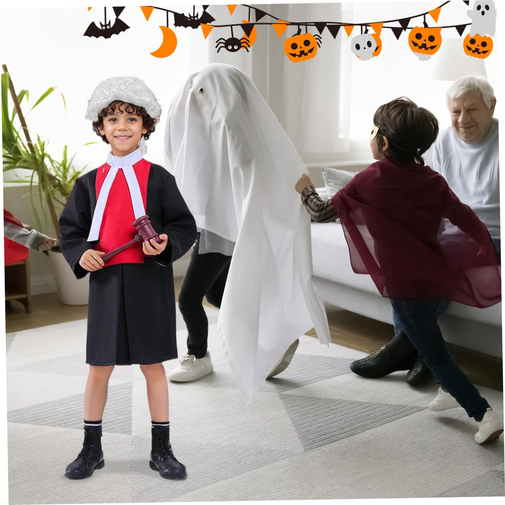 1 juego de disfraz de Halloween para niños, incluye bata de juez con cuello, mazo y peluca, disfraces de cosplay para niños