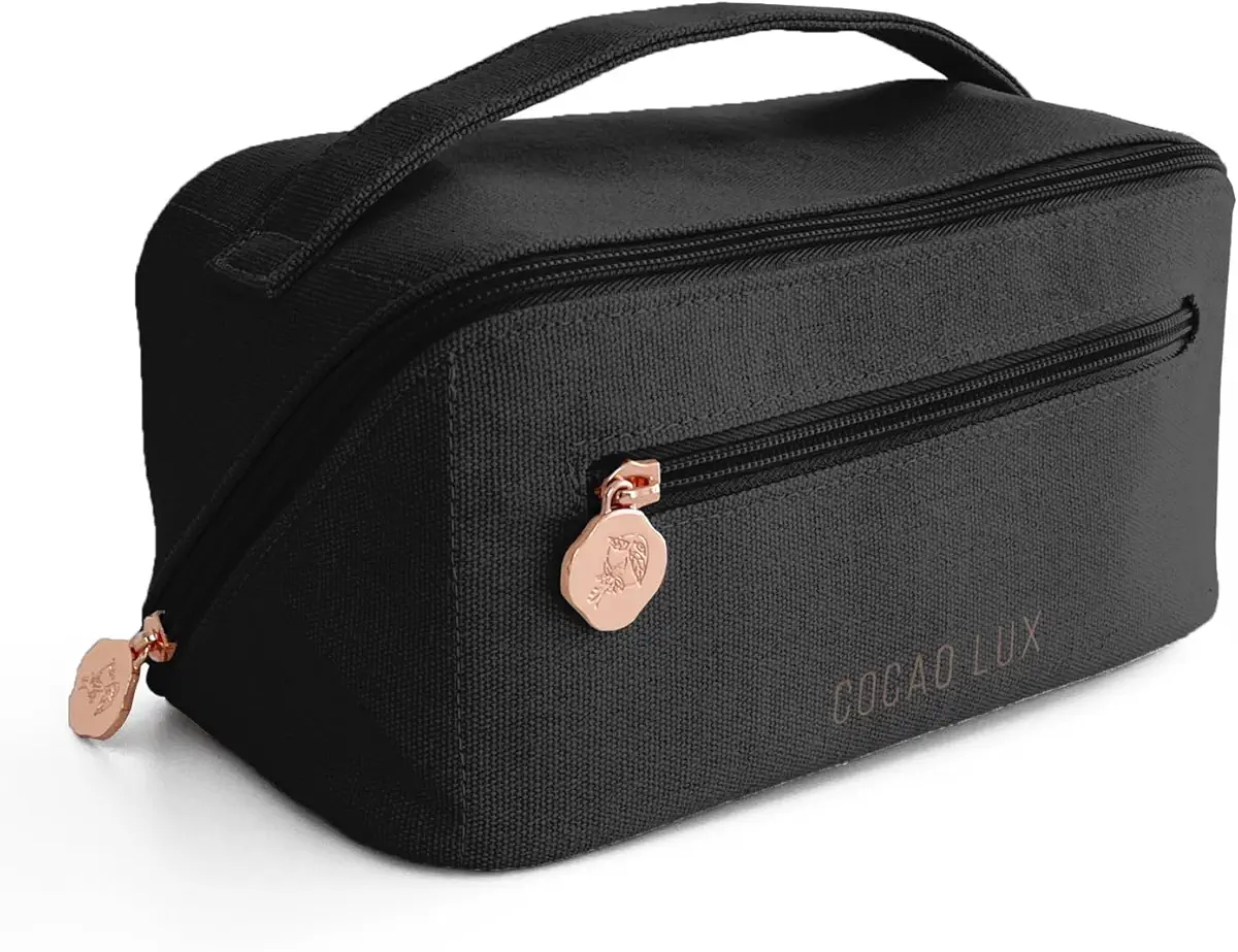 Travel Makeup Bag - Highly Durable Large Capacity Cosmetic Bags - Made of Luxurious Cotton Canvas with Smooth Rose Gold Zipper – It Opens Flat with Divider and Handle (Black with front zipper pocket)