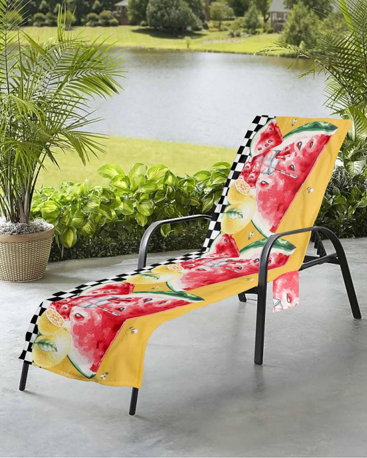 Watermelon Lemon Beach Chair Towel Covers for Chaise Lounge with Side Pocket, Soft Plush Pool Towels Cover for Patio Sunbathing Outdoor 29''x85'' Summer Fruits Black White Check