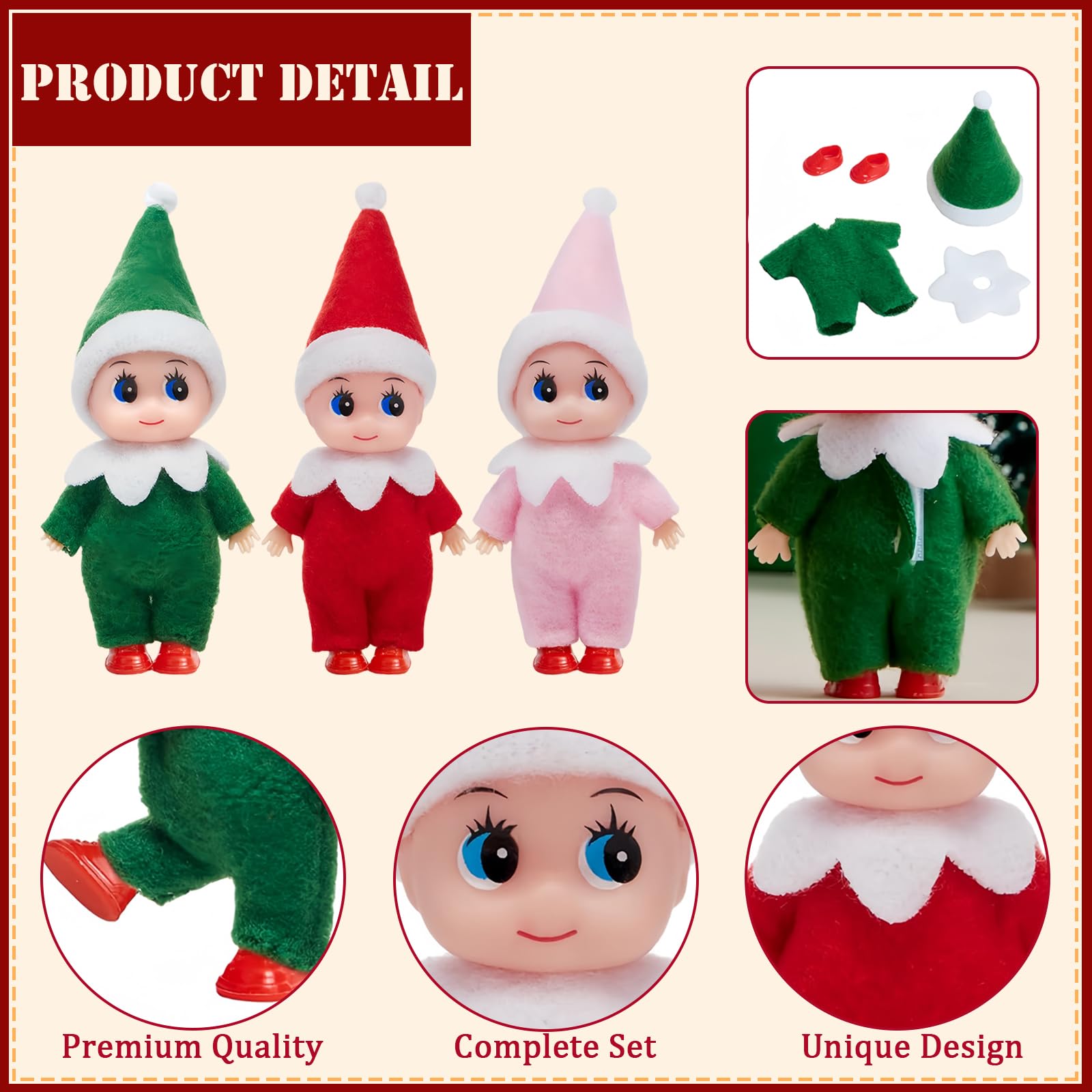 3pcs Mini Baby Elves Christmas Elf Baby Dolls for Girls Boys,Cute Little Elfs Twins Tiny Christmas Dolls Elf Accessories,Girl Elf Small Elf Baby Doll Elf Novelty Gift for Kids Xmas Stocking Stuffers - Image 3