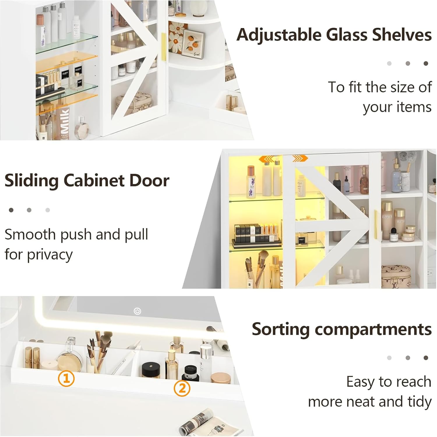 L-Shaped Corner Vanity Desk with LED Lighted Mirror & Charging Station, White Makeup Vanity with 6 Drawers & Sliding RGB Cabinet, Large Farmhouse Dressing Table with Open Storage Shelves for Women