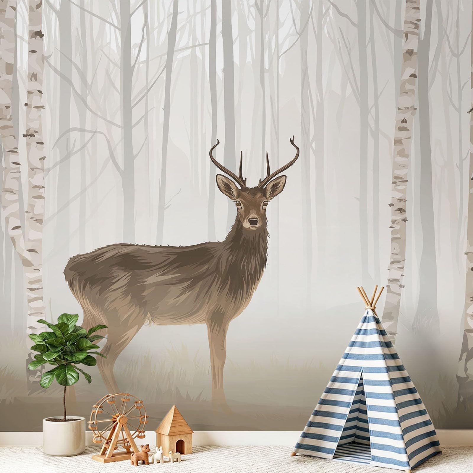 Générique Tapeta z włókniny 350 x 256 cm, mgiełka jeleń brzozy fototapeta do wejścia i sypialni, dekoracja ścienna jasnobrązowa natura realistycznie kojąca