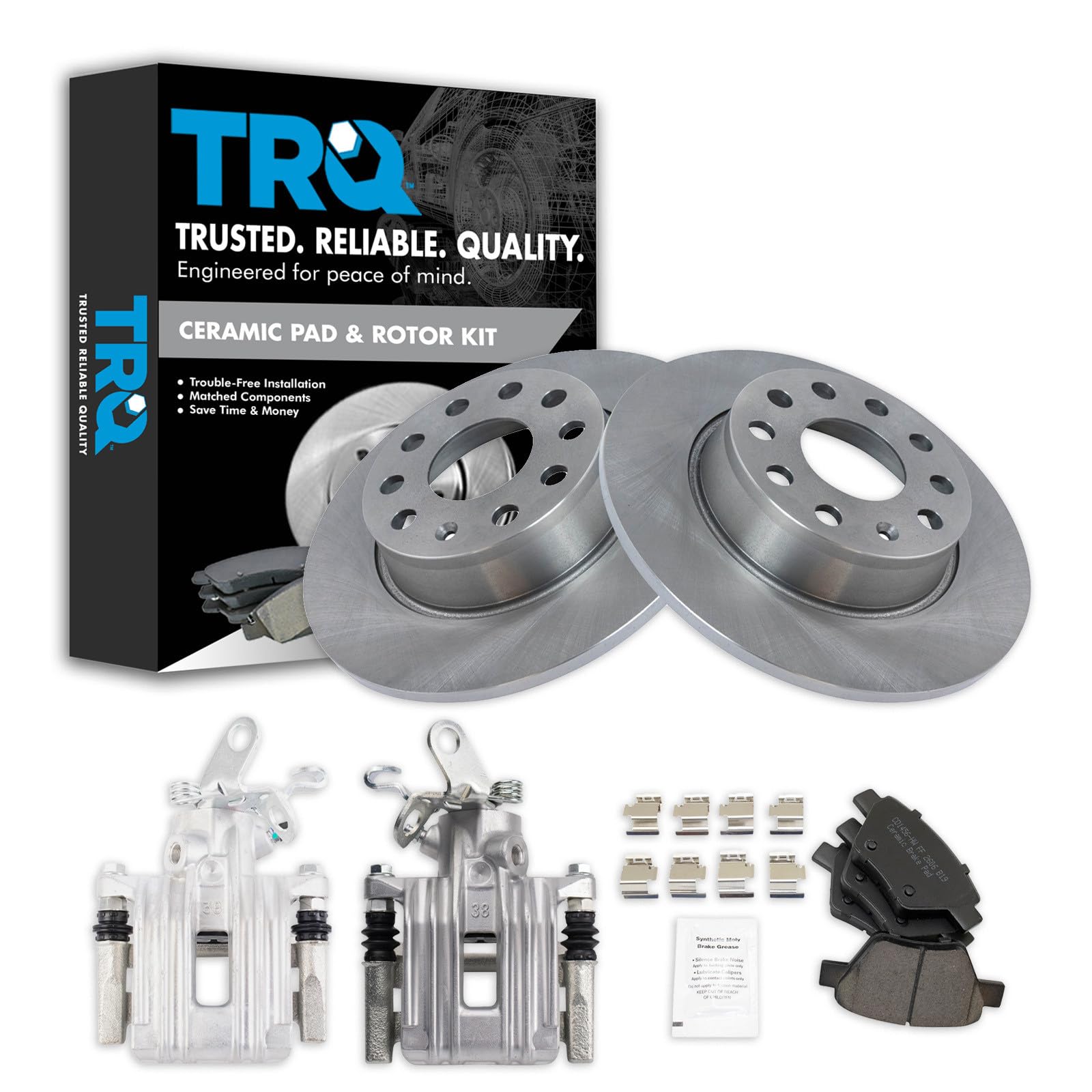 TRQ Rear Brake Pad and Rotor Set Ceramic Solid Rotors Calipers