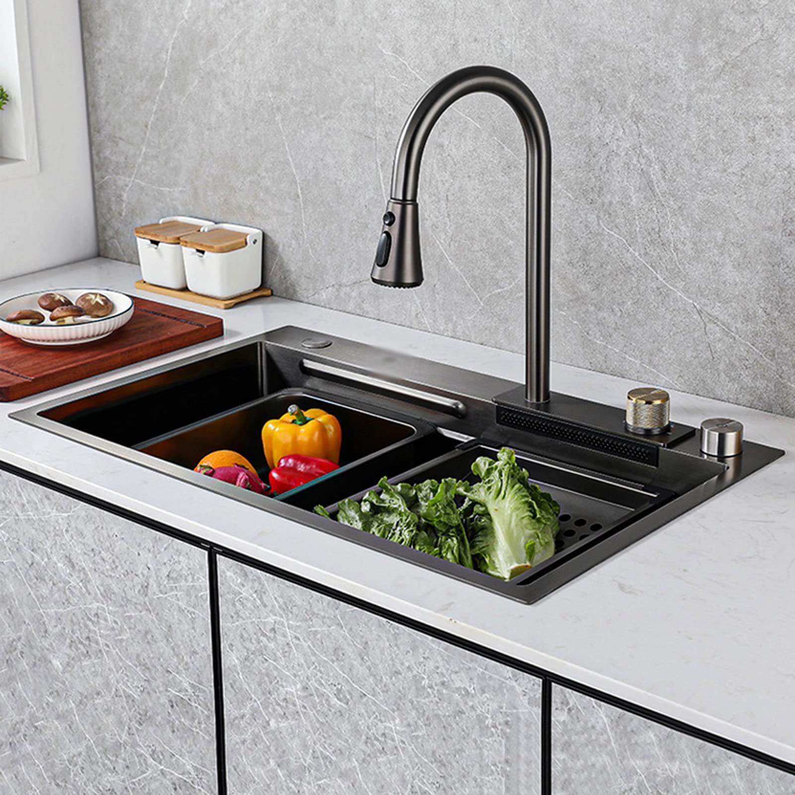 Lavello da Cucina A Cascata, Lavello da Cucina, Vasca Singola con Lavabicchieri, Lavello da Postazione di Lavoro, Lavabicchieri/Nero-Grigio/68 * 45 * 22 Cm-Black-grey-80 * 45 * 22Cm