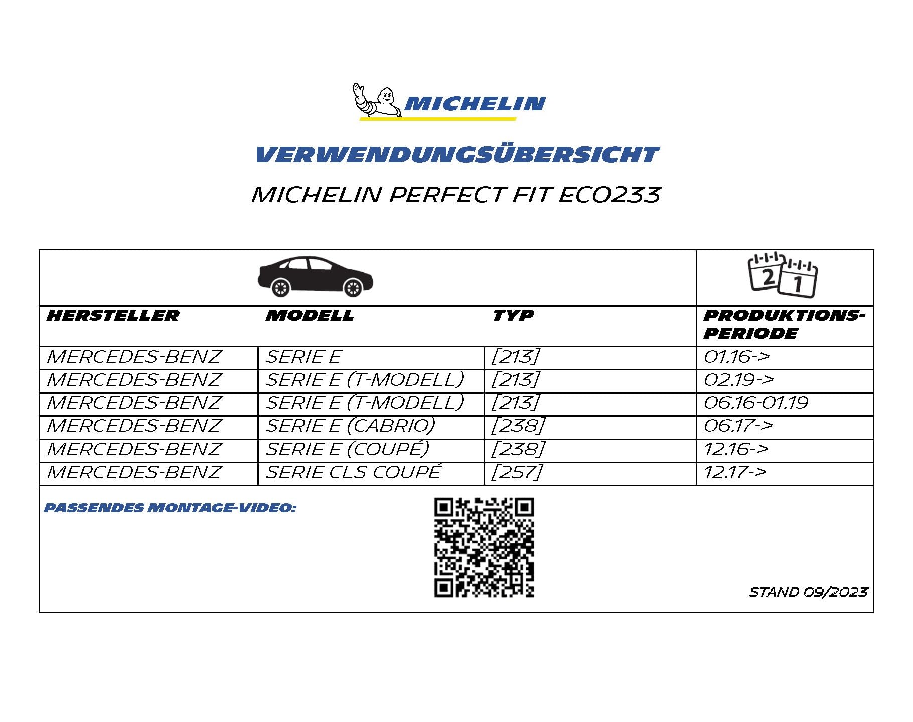 MICHELIN Perfect Fit 233 Set di tergicristalli anteriori, Mercedes Benz serie E e serie CLS Coupé, 600/550 mm, spazzole tergicristallo anteriori senza articolazioni, perfetta vestibilità, silenziose