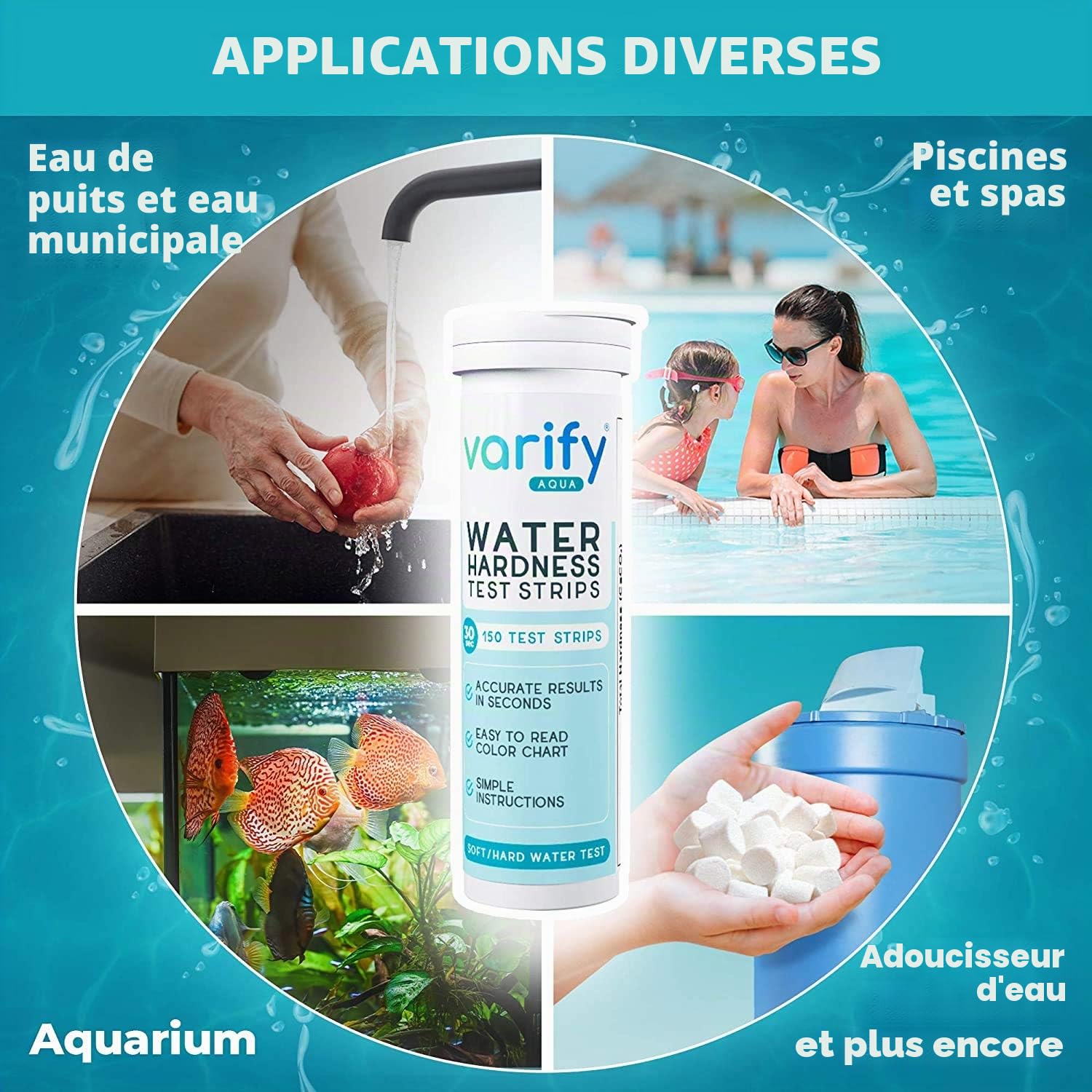 VARIFY Kit de test de dureté de l'eau Varify - Kit de test d'eau pour la maison, l'eau potable, le puits, le spa, la piscine, l'adoucisseur, le lave-vaisselle et plus encore