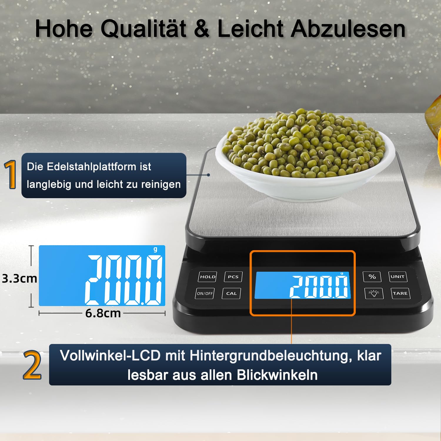 BOMATA 0.1g/5kg Große Digitale Küchenwaage, Hochpräzise Bäckereiwaage mit% Prozentfunktion. USB aufladbar, Wiegeplatte aus rostfreiem Stahl.