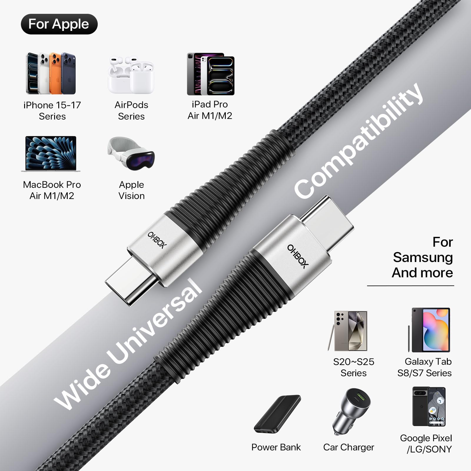ohbox Cavo da USB C a USB C, 0,9 m, confezione da 3 pezzi, 100 W, ricarica rapida da USB C a C, cavo USB di tipo C in nylon intrecciato di alta qualità per iPhone 17/16/15/iPad, MacBook CarPlay e
