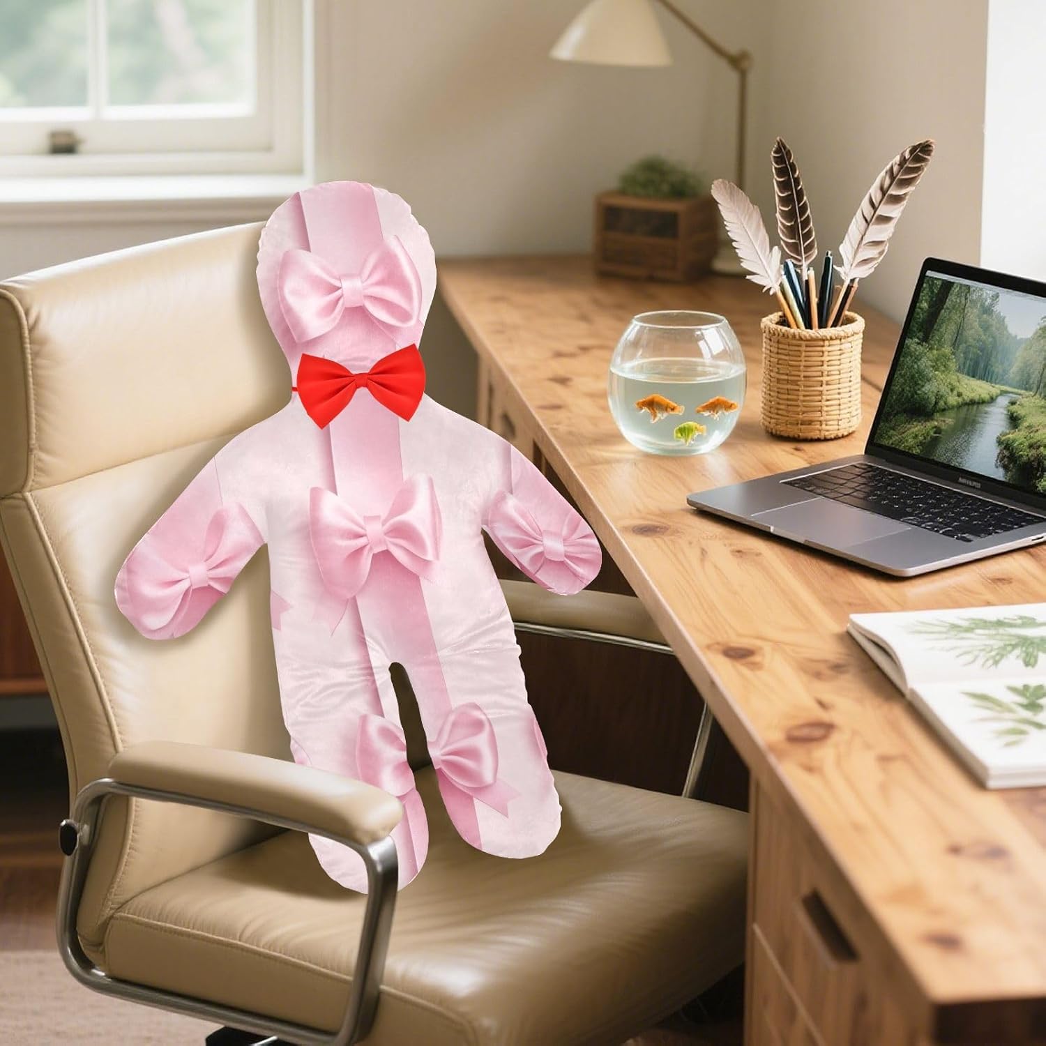 Valentine Pink Bows Human-Shaped Pillow Soft Body Pillows Washable Velvet Pillows for Anxiety Relief Sleeping Cuddling & Support
