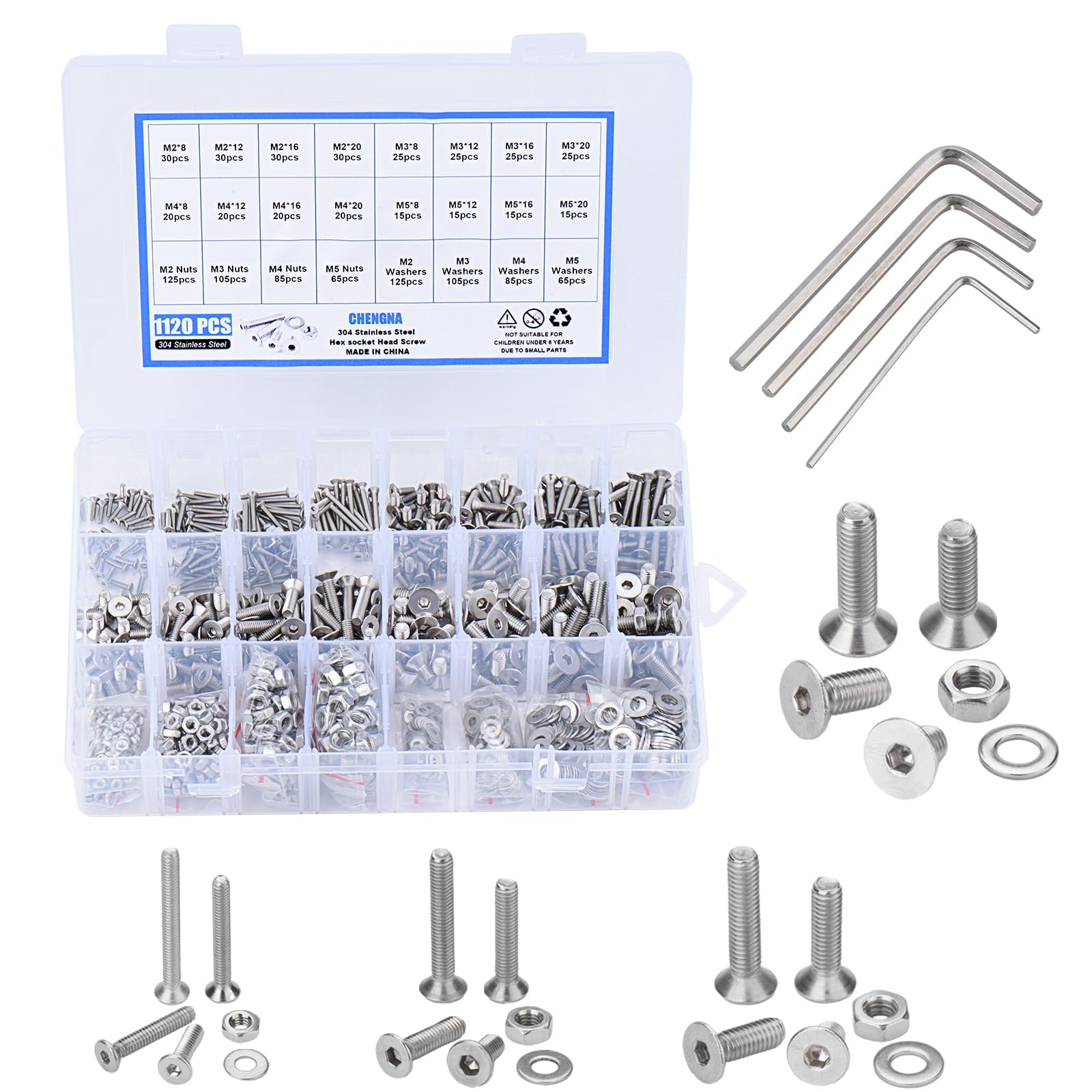 1120 pcs M2 M3 M4 M5 Flat Head Socket Head Screws Nuts and Bolts Assortment Kit, 304 Stainless Steel Screws Assortment Kit, Countersunk Metric Bolts Nuts Washers Kit, with 4 Hex Wrenches
