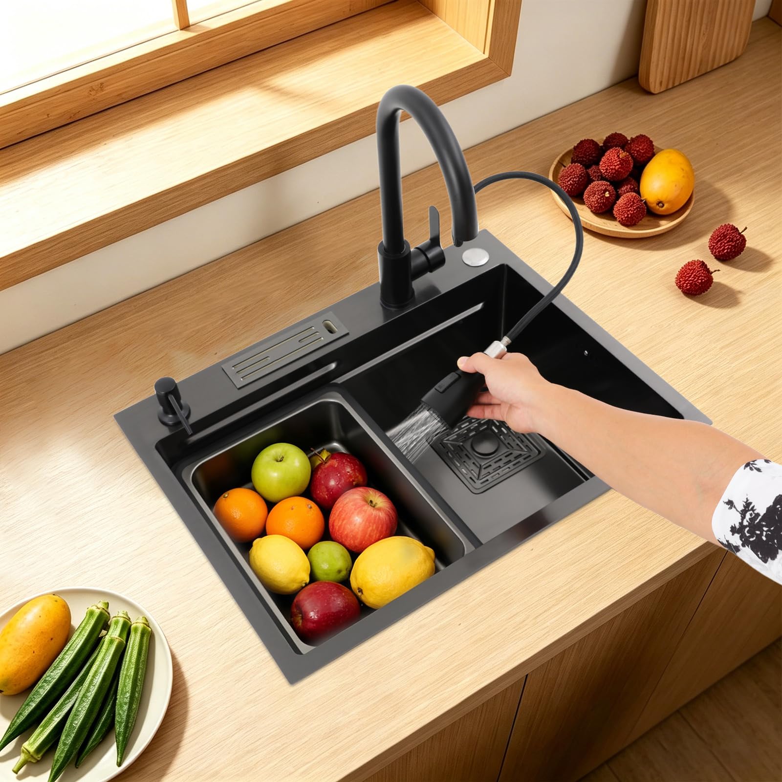 Fregadero de acero inoxidable 60 x 45 cm negro con grifo extraíble | 1 platillo, montaje empotrado, incluye tabla de cortar, lavabo interior, tubo de drenaje y dispensador de jabón