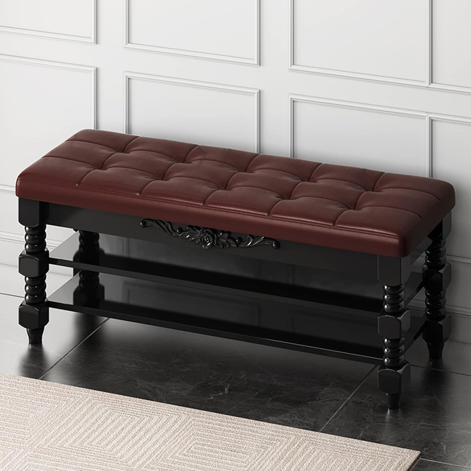Tabouret en bois massif et cuir marron Lar Capaci aux finitions touffetées