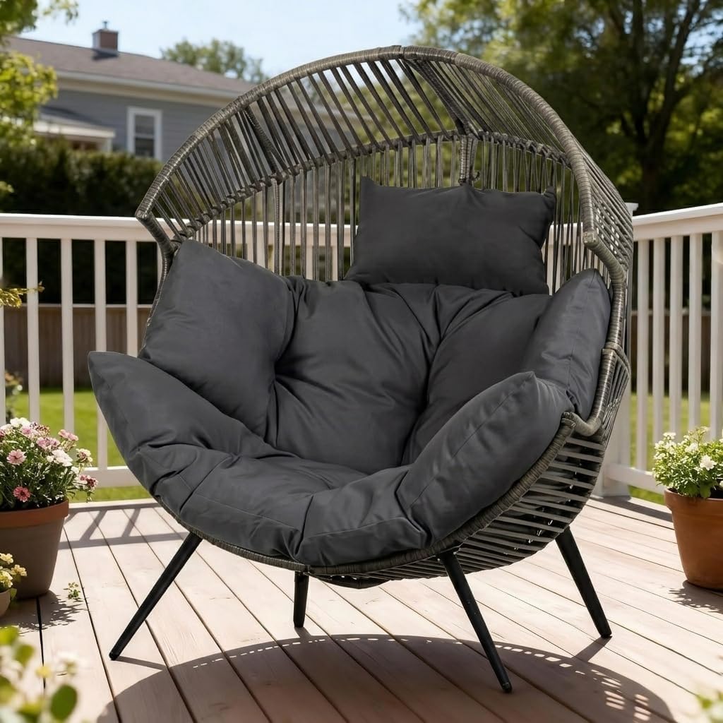 Oversized Outdoor Wicker Egg Chair, Patio Lounge Chair Basket Seat with Thick Cushion, All Weather Indoor Outdoor Porch Rockers for Balcony, Living Room, Lawn Garden