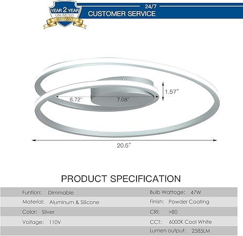 Miniatura 5 de Lámpara de techo moderna, lámpara LED regulable de 20.5 pulgadas, lámpara de techo de montaje empotrado de 47 W, lámpara de techo cerca de la luz de