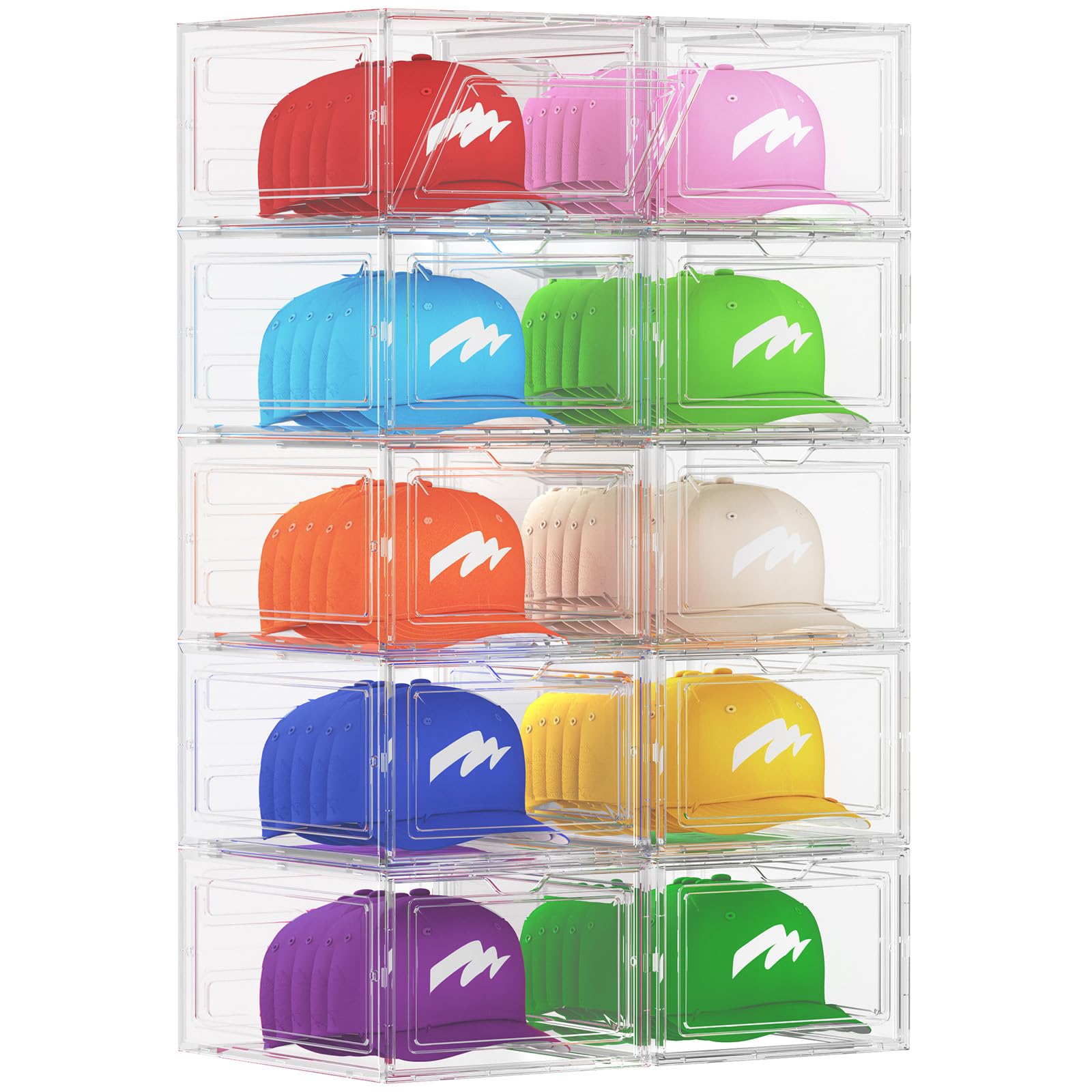 Lifewit 10 Pack Hat Organizer for Baseball Caps, Plastic Hat Storage Box Rack Clear Hat Display Containers Upgrade Harder Solid Transparent Stackable Hat Holder, Easy to Assemble Hat Boxes