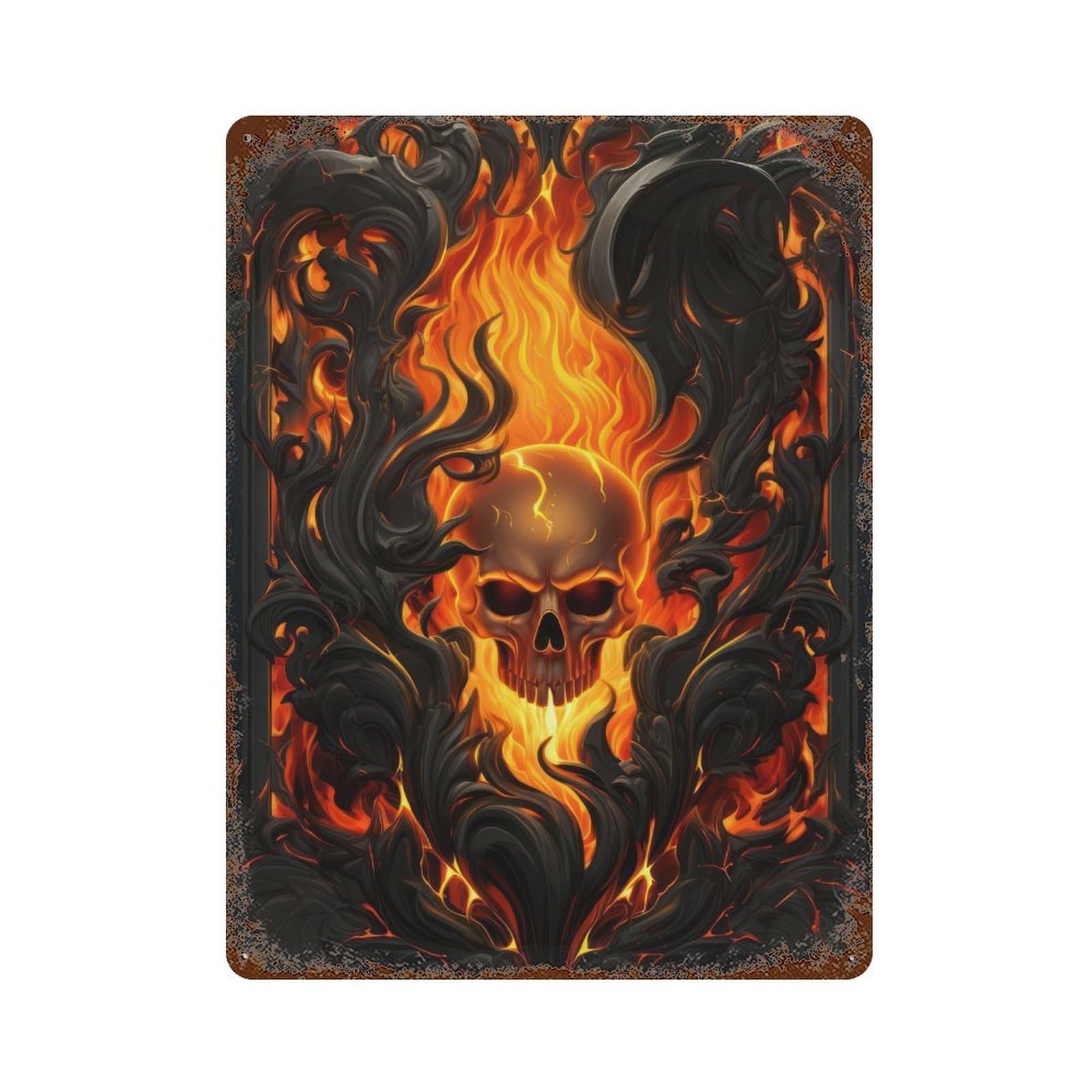 Rust Effect Flaming Skull Artwork -1 Rustic Tin Plaque 15.7"x11.8", Classic Wall Plaque for Shed, Workshop And Garage Wall Decor