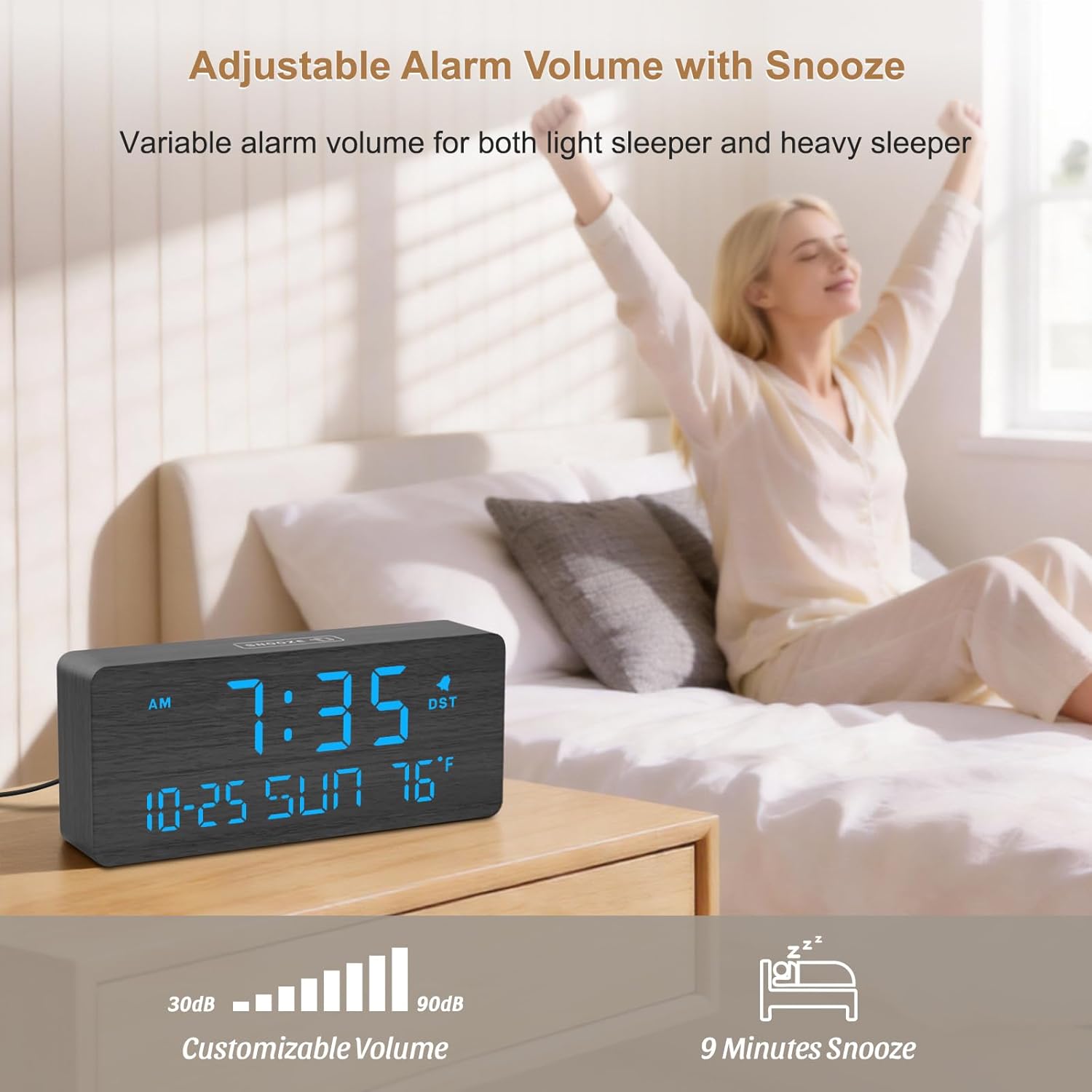 DreamSky Wooden Digital Alarm Clocks for Bedrooms - Living Room Desk Clock with Date and Day of Week, Temperature, USB Port, Dimmer Wheel, Adjustable Volume, Auto DST, Wood Decor for Office Table