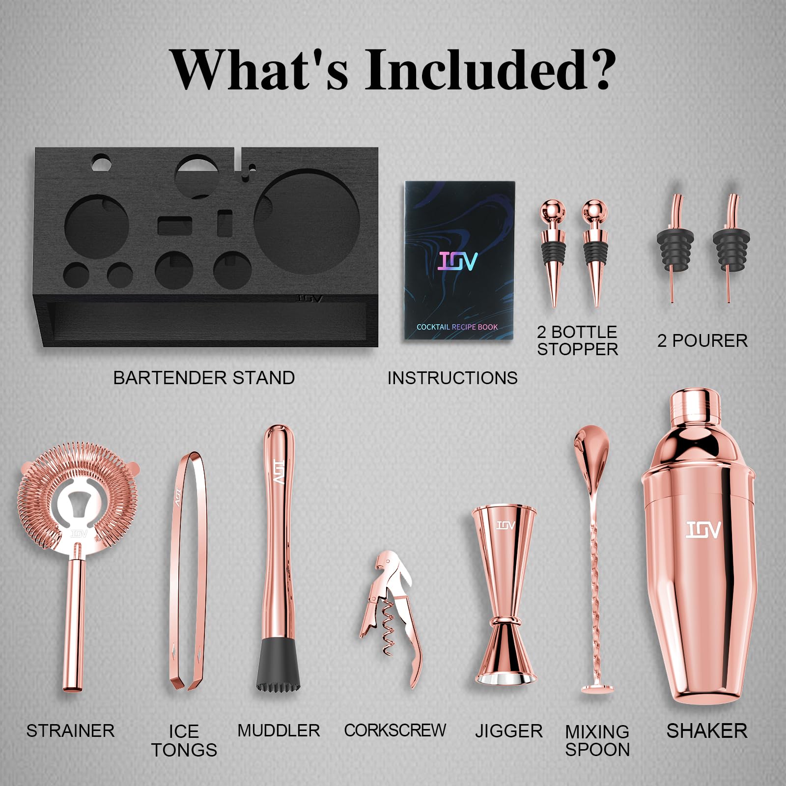 IOV Mixology - Kit da barista con supporto, set da 12 shaker per cocktail, shaker per martini da 680,4 g, per miscelare bevande, set da bar include tutti gli strumenti da bar e il libretto di ricette,