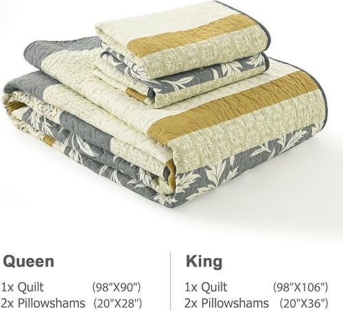 Miniatura 6 de Finlonte Juego de edredón tamaño King, 100% algodón, ligero, suave, gris, beige, vintage, acolchado, a rayas, floral, reversible, juego de ropa de