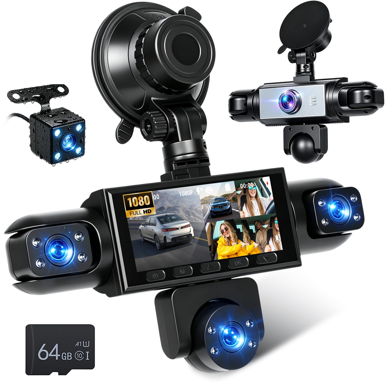 NHOPEEW Dash Cam 1080P, 3,16", 5 Canali, Registrazione Ciclo | Dashcam Auto Supporto Registrazione 24h, Modalità Multiple, Display Retromarcia, Grandangolo + Scheda SD 64GB