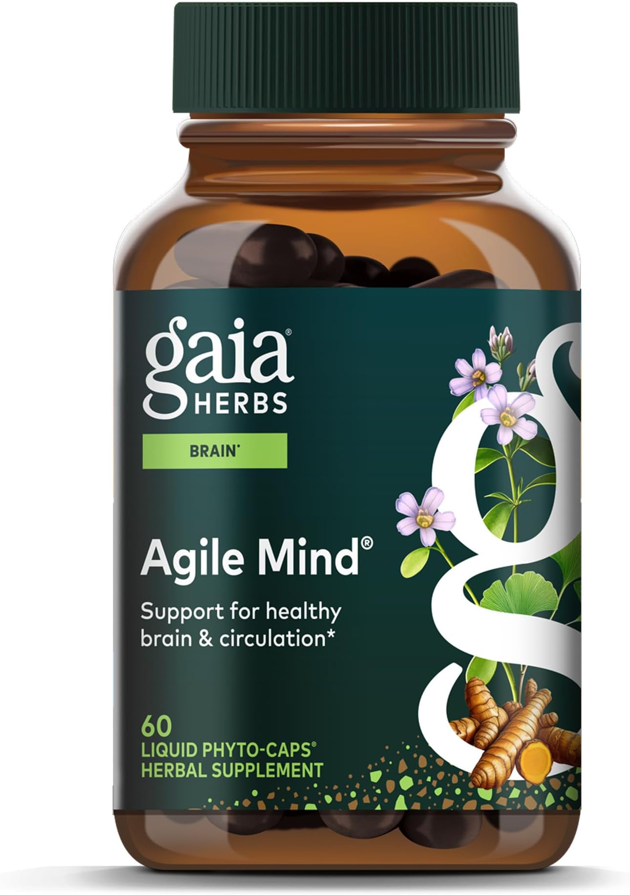 Gaia Herbs Agile Mind - Brain Support Herbal Supplements - Brain Circulation Support* - with Turmeric Root, Bacopa, Black Pepper & Ginkgo Biloba - 60 Vegan Liquid Phyto-Capsules (60 Servings)