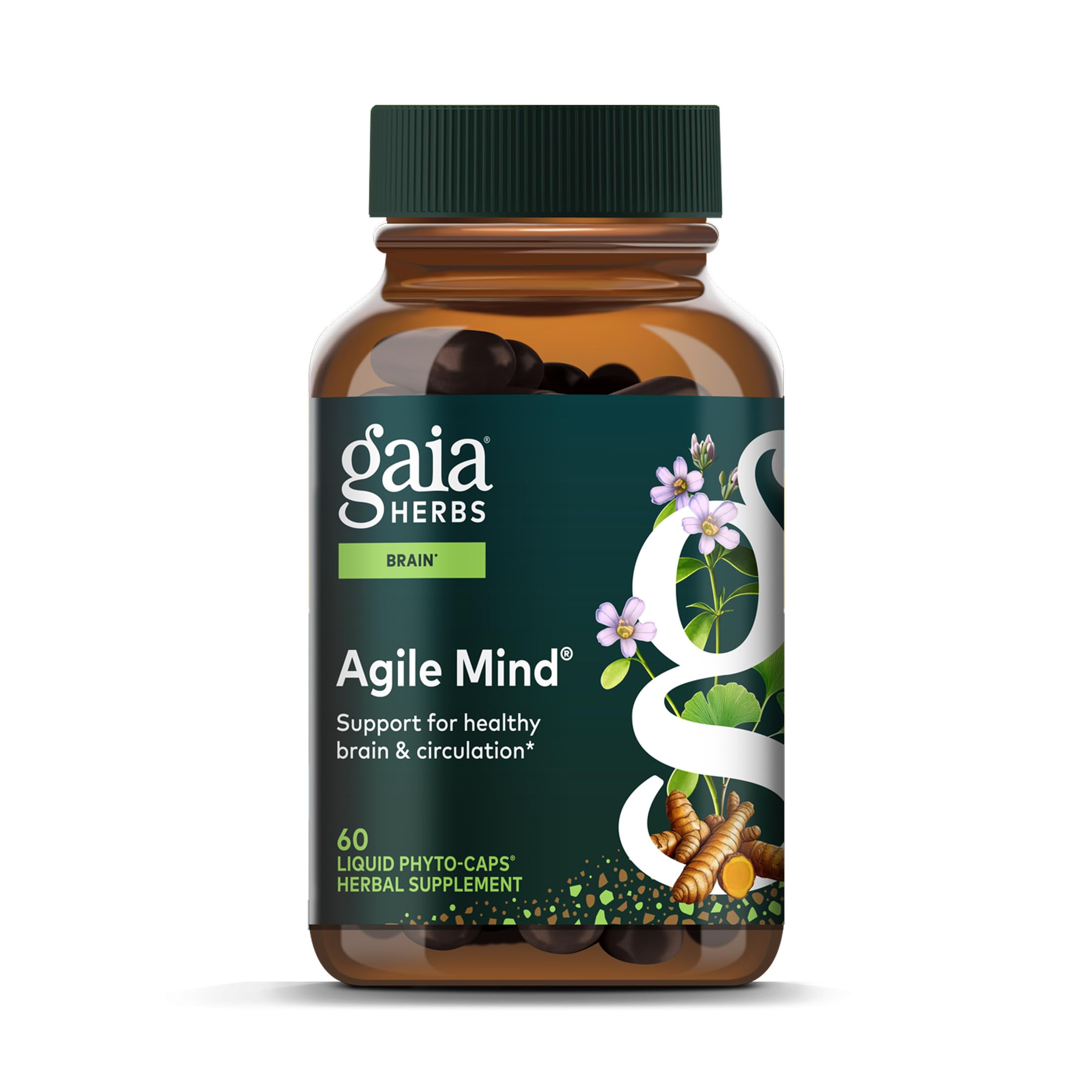 Gaia Herbs Agile Mind - Brain Support Herbal Supplements - Brain Circulation Support* - with Turmeric Root, Bacopa, Black Pepper & Ginkgo Biloba - 60 Vegan Liquid Phyto-Capsules (60 Servings)