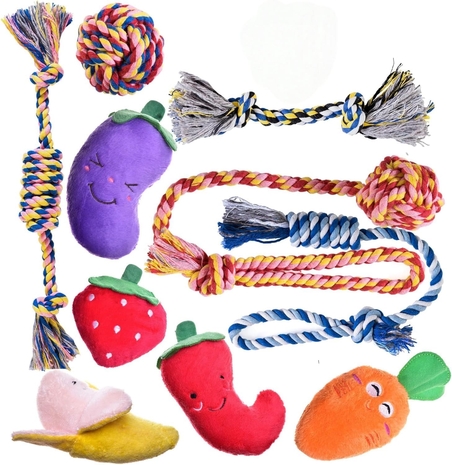 Pets&Goods Dog Rope & Plush Toy Bundle - 5-Pack Durable Rope Toys and 5-Pack Soft Squeaky Plush Toys for Puppies & Small Dogs