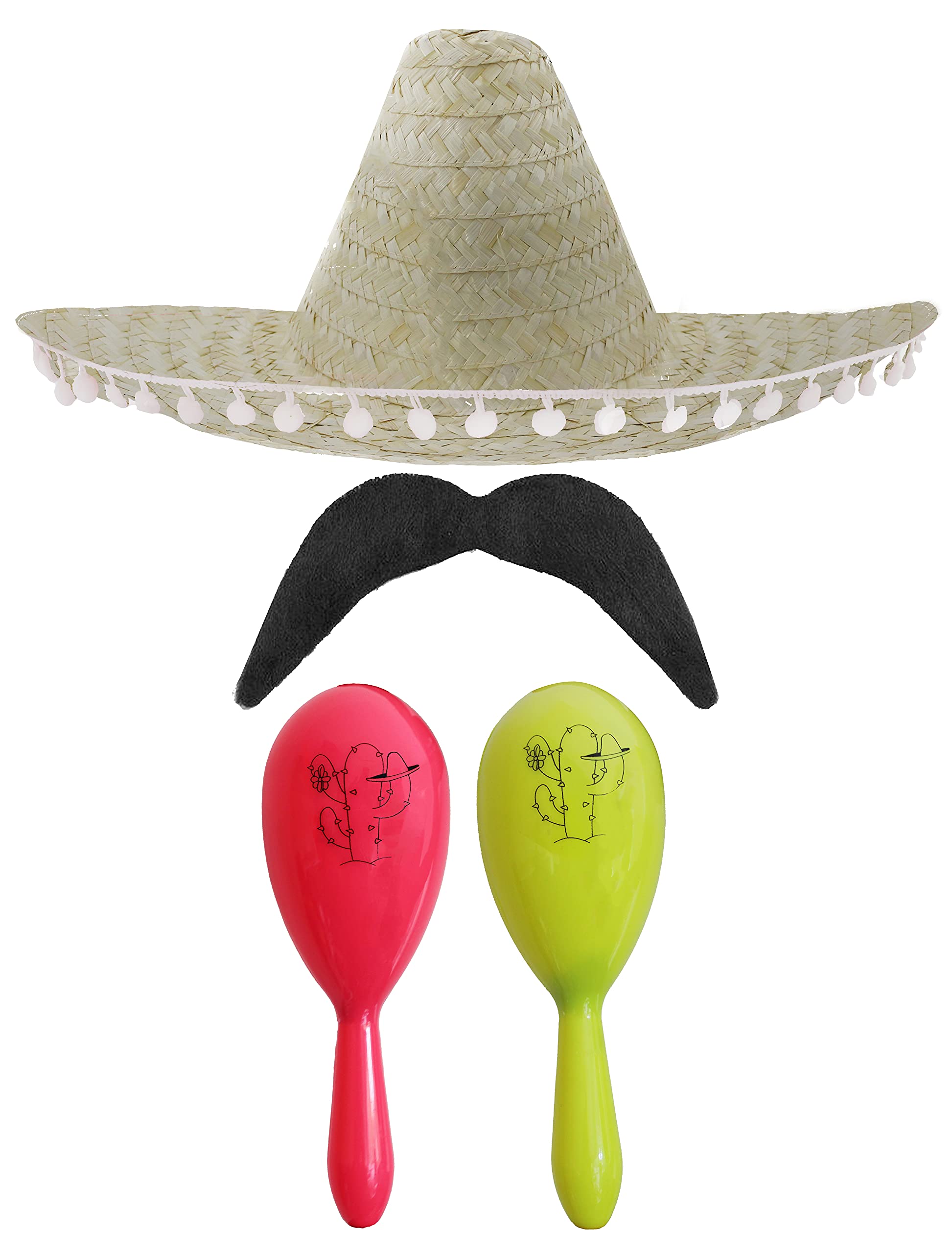 Adults Mexican Accessory Set - Natural Mexican Sombrero, Pink & Yellow Maracas, Moustache - Mexican Cinco de Mayo Sensorita Bandit Mariachi Fancy Dress Costume Accessory Set