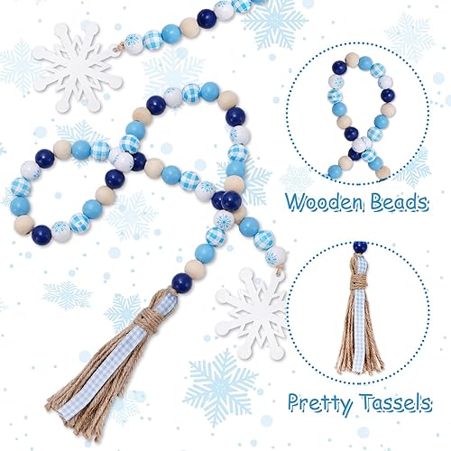 Miniatura 3 de Whaline 2 guirnaldas de cuentas de madera de invierno con colgantes de copo de nieve, cuadros de búfalo azul y blanco, adorno rústico para colgar en