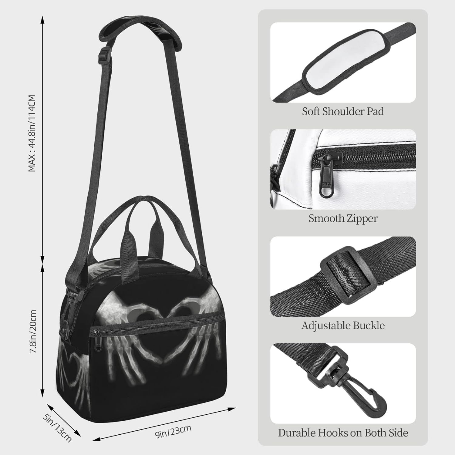 Bagea-Ka Lunch Bag, Black, Unisex, Durable 600D Oxford Cloth, Aluminum Foil Inner Lining, Adjustable Shoulder Strap, 9" x 7.8" x 5"