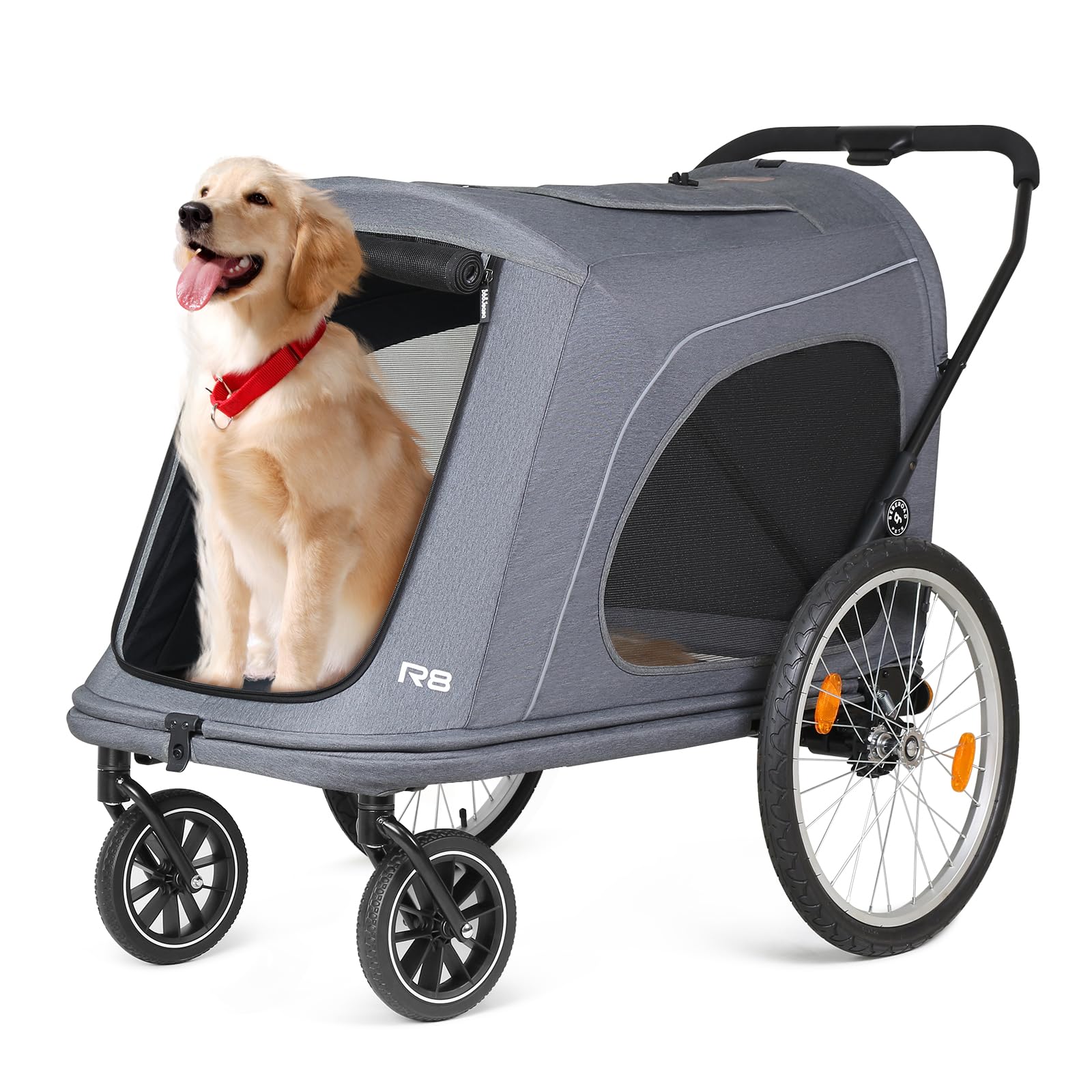 BEBEROAD PETSR8 Pro Extra Large Foldable Pet Stroller, Dog Stroller & Pet Trailer for Large Dogs Under 100 lbs, Unmovable, Disabled & Pregnant Dogs - Conveniently Carriable by Bike and Car, Grey