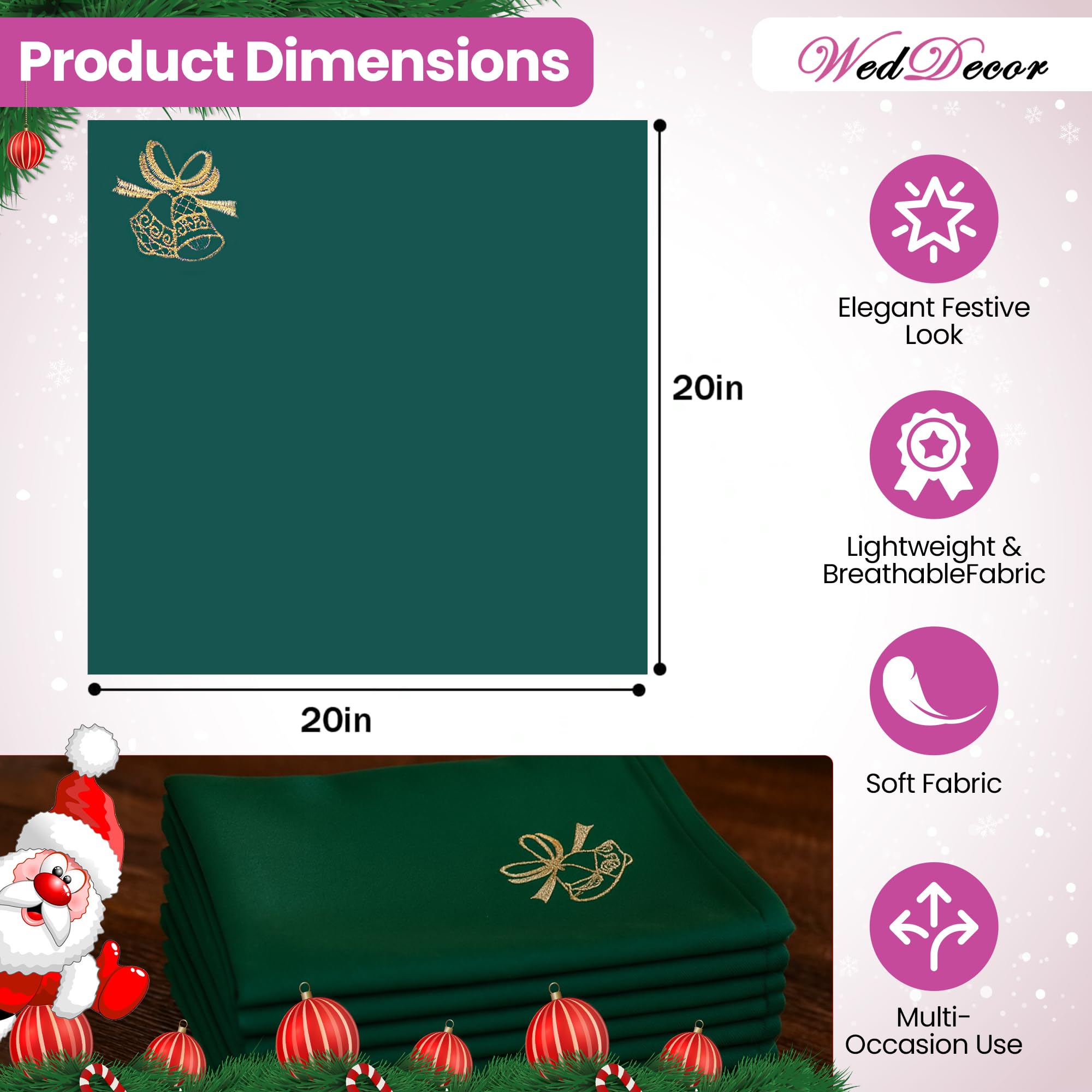 WedDecor 20 inch Filé Polyester Table Serviette avec Grelot Broderie pour Thème Noël Dîner Décorations pour Maison, Mariage,Banquet, Fête, Hôtel, Fête de Noël Décoration - Vert, 20 inch