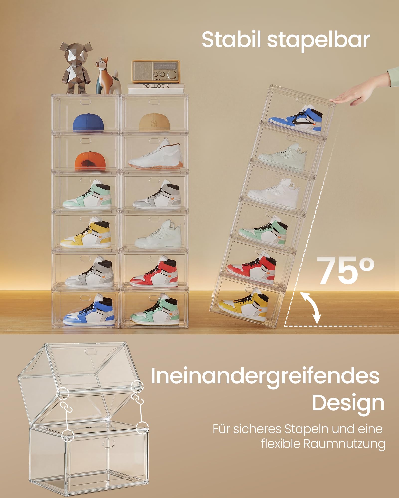 SONGMICS Schuhboxen stapelbar transparent, Schuh-Organizer, Schuhaufbewahrung, für Schuhe bis Größe 47, mit Magnettür, aus Kunststoff, 6er Set LSP706WH01