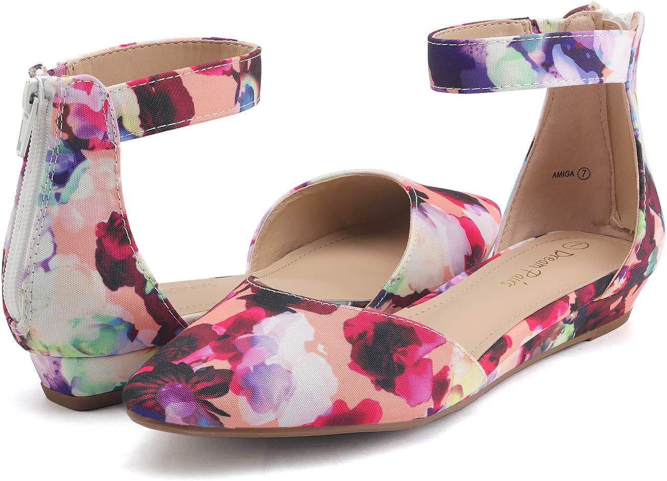 DREAM PAIRS Women's Low Wedge Ankle Strap Flats Shoes 6.5 Floral