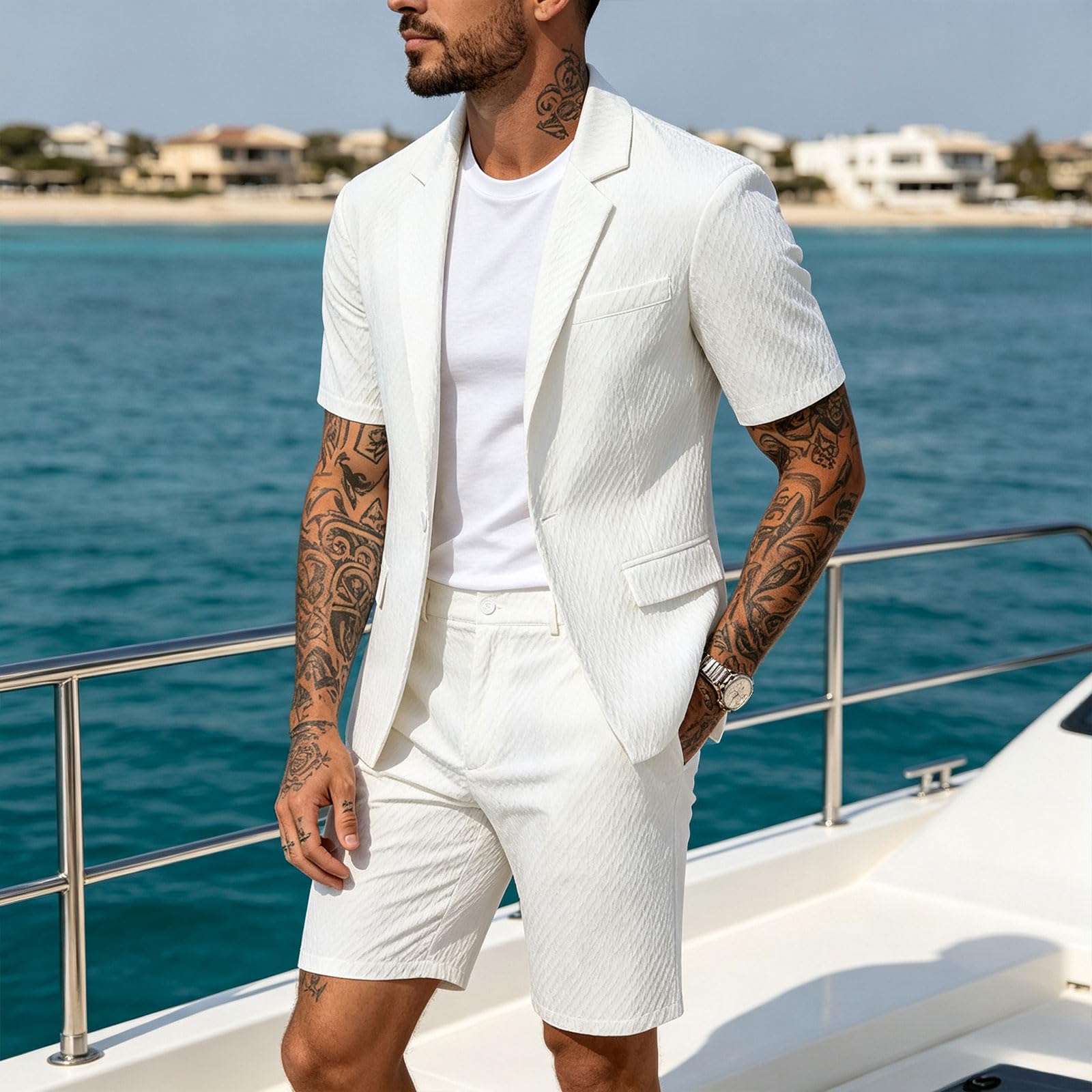 Herren 2 Teiliges Kurzblazer Sommer Jogginganzug Outfit Kurzarm Anzugweste Kurze Hose Casual Männer Atmungsaktiver Trainingsanzug Freizeitanzug Urlaub Strand Wedding Prom Business Holiday Occasion