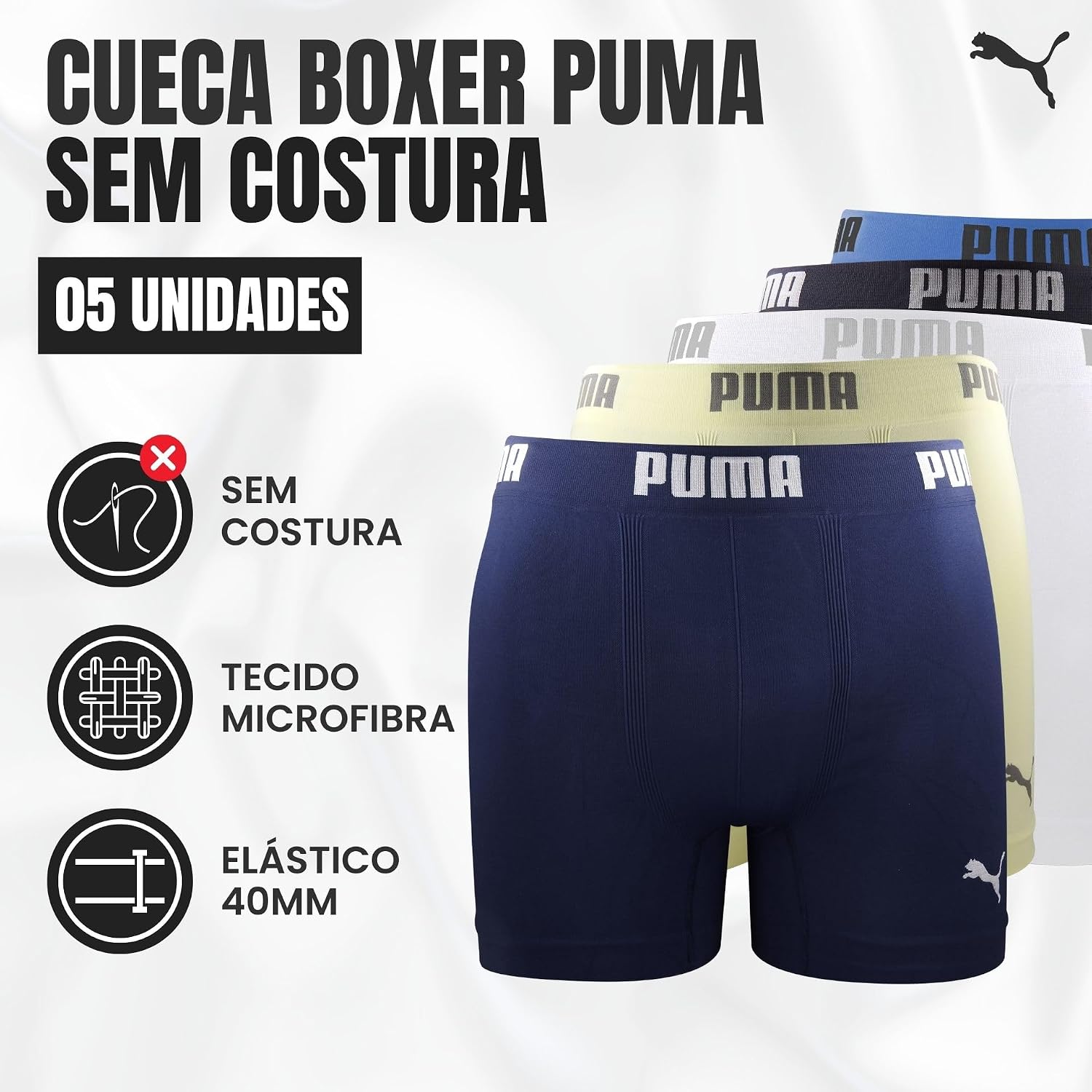 Kit 5 Cuecas Boxer Puma Sem Costura Microfibra Performance Elástico 40MM Masculino Adulto