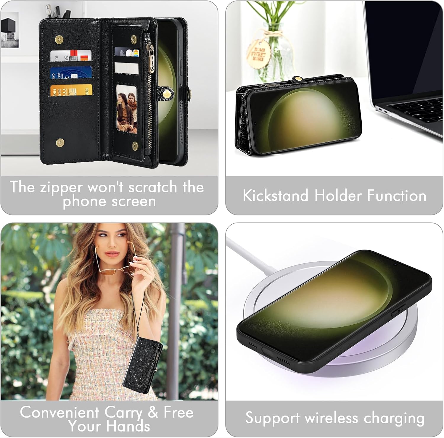 Asuwish Phone Case for Samsung Galaxy S23 Ultra 5G Zipper Wallet Detachable Cell Cover with Tempered Glass Screen Protector Wrist Strap Flip Card Holder S23Ultra 23S S 23 23Ultra 6.8 inch Women Black