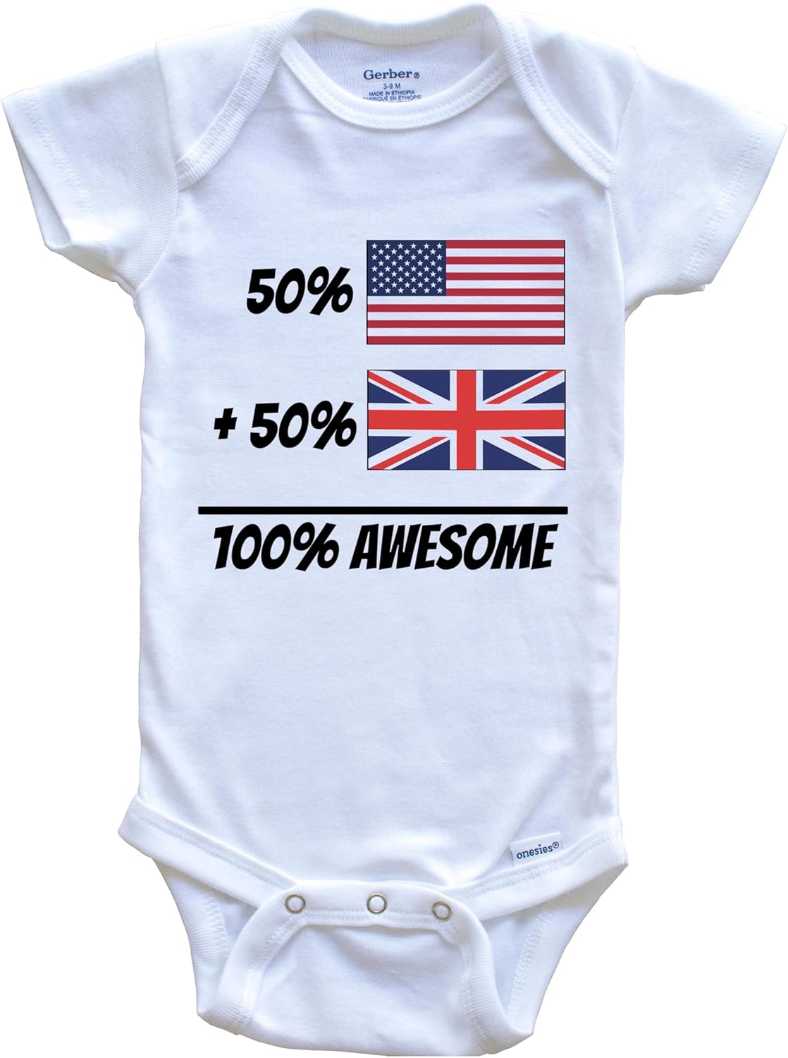 50% American Plus 50% British Equals 100% Awesome Cute United Kingdom Flag One Piece Baby Bodysuit