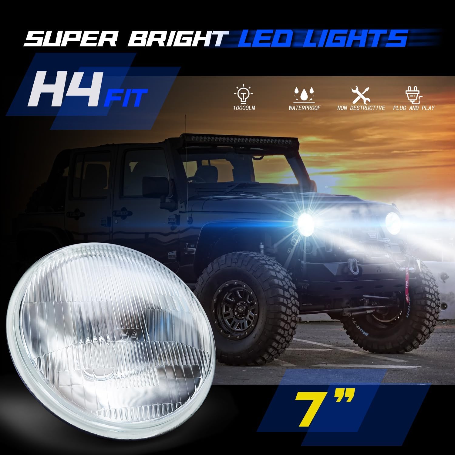 For 1969-1978 Ford F100 F150 F250,LED Fog Light,7 Inch led Glass Headlight Round Lens Housing+H4/9003 High&Low Beam Bulbs, Clear Lens 7 Inch H6024 Round Headlight Sealed,4PCS