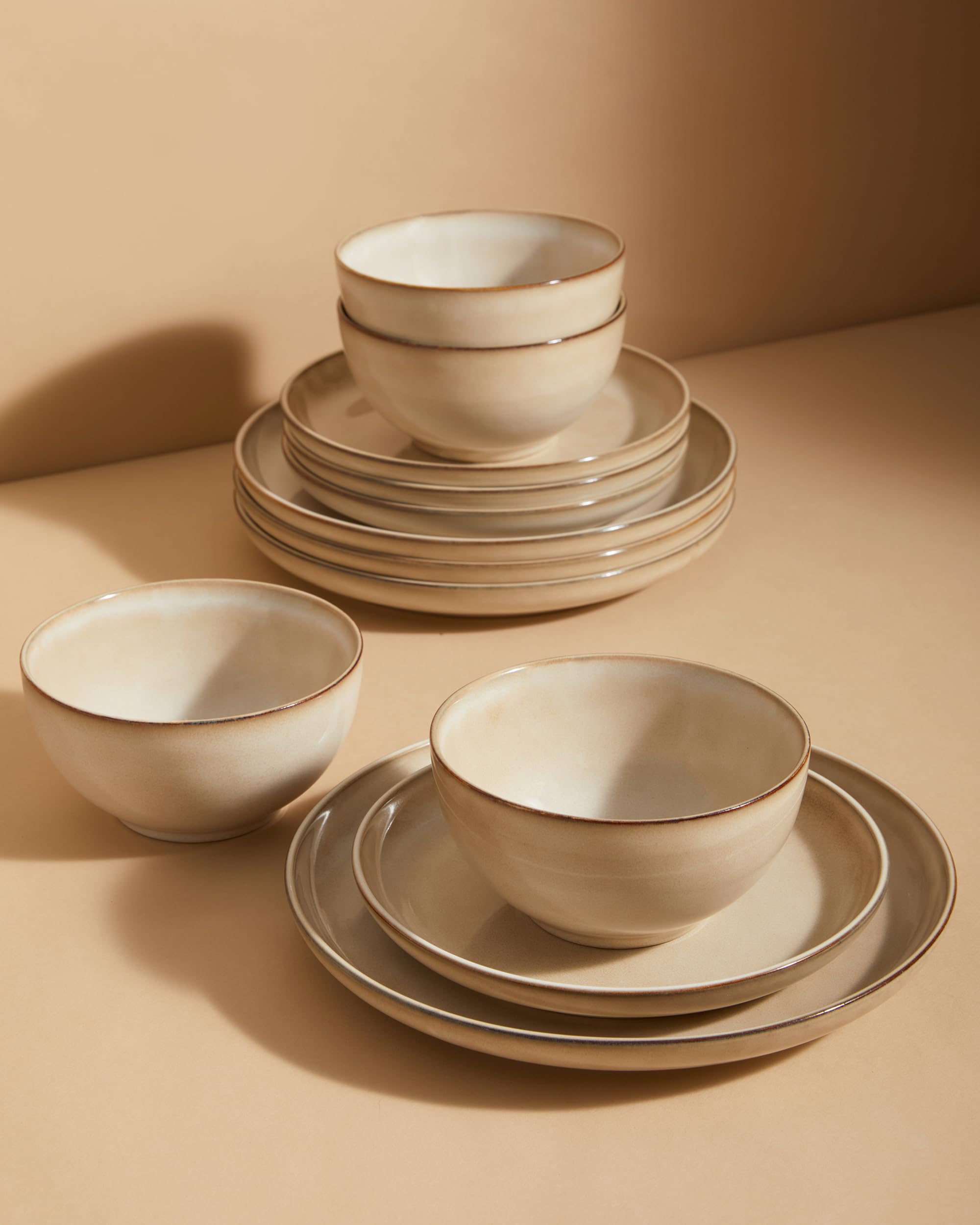 Pokini Stoneware Dinnerware Sets for 4, 12pcs Plates and Bowls Sets Dishes