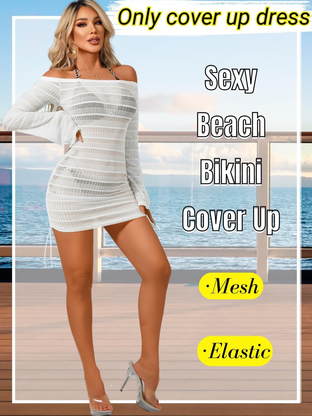 Kaei&Shi Sexy Crochet Coverups for Women,Off Shoulder Long Sleeve Beach Dresses,Bathing Suit Cover Up Vacation Outfits